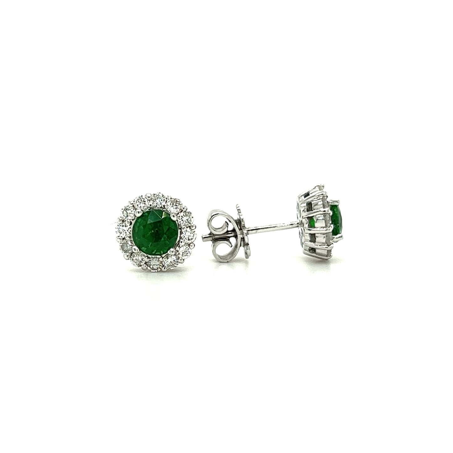 Round Tsavorite Stud Earrings with 0.56ctw of Diamonds in 14K White Gold Front and Side View