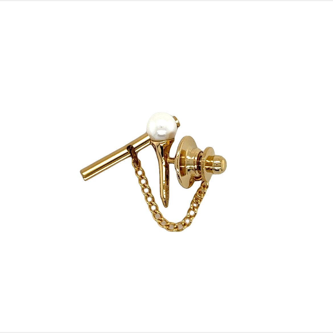Golf Pin Tie Tack with a 6mm White Pearl in 14K Yellow Gold Assembly View
