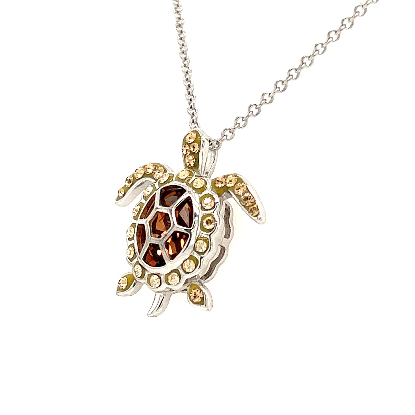 Sea Turtle Necklace with Yellow and White Crystals in Sterling Silver. Right Side View