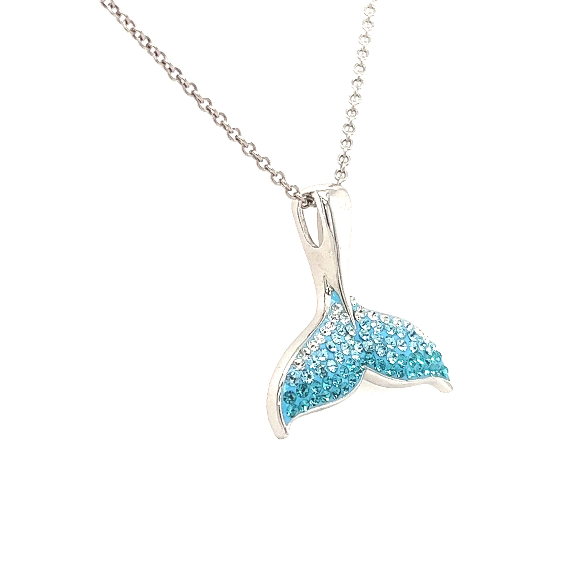 Whale Tail Necklace with Aqua Crystals in Sterling Silver Right Side View