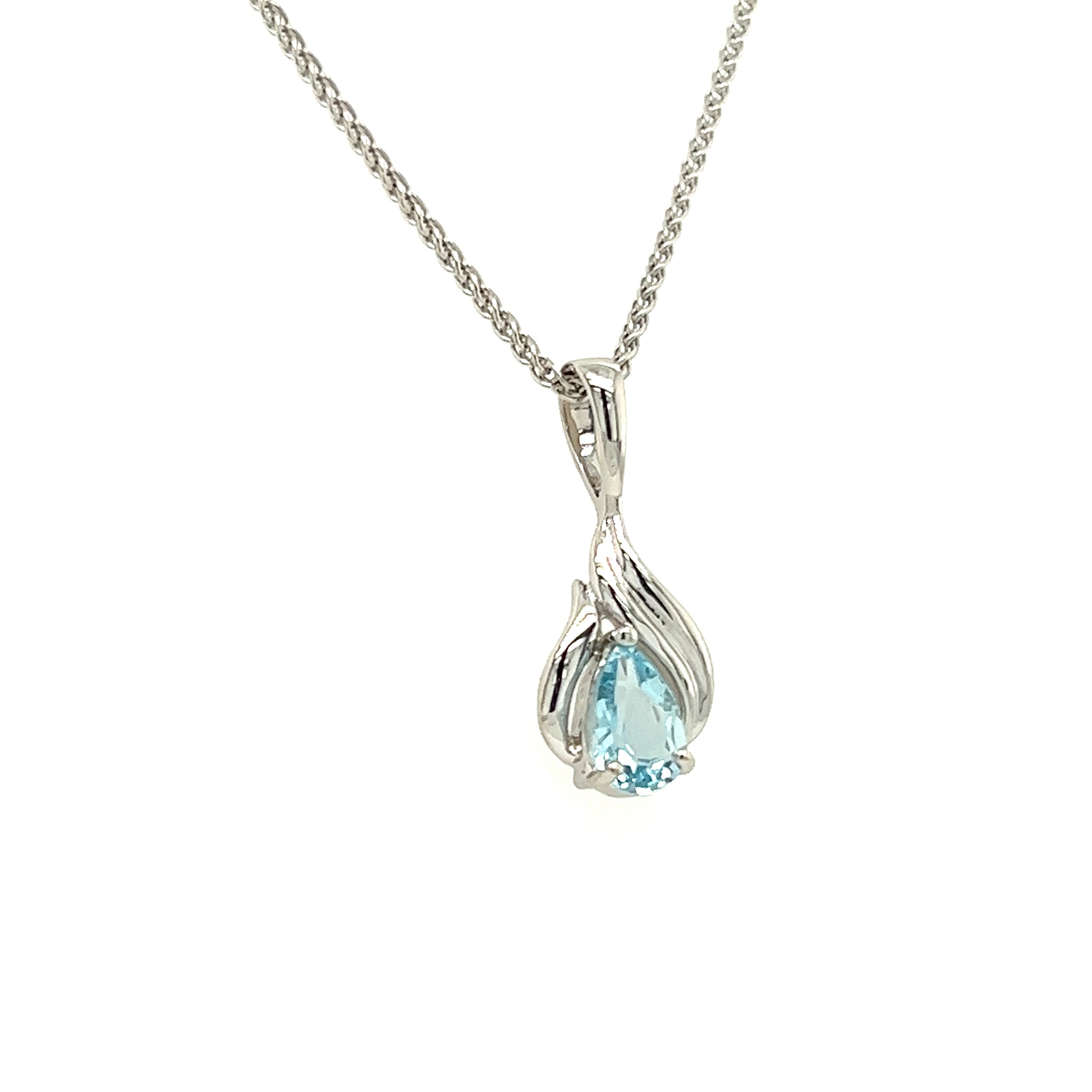 Pear Aquamarine Pendant with Flame Motif in 14K White Gold Pendant and Chain Left Side View