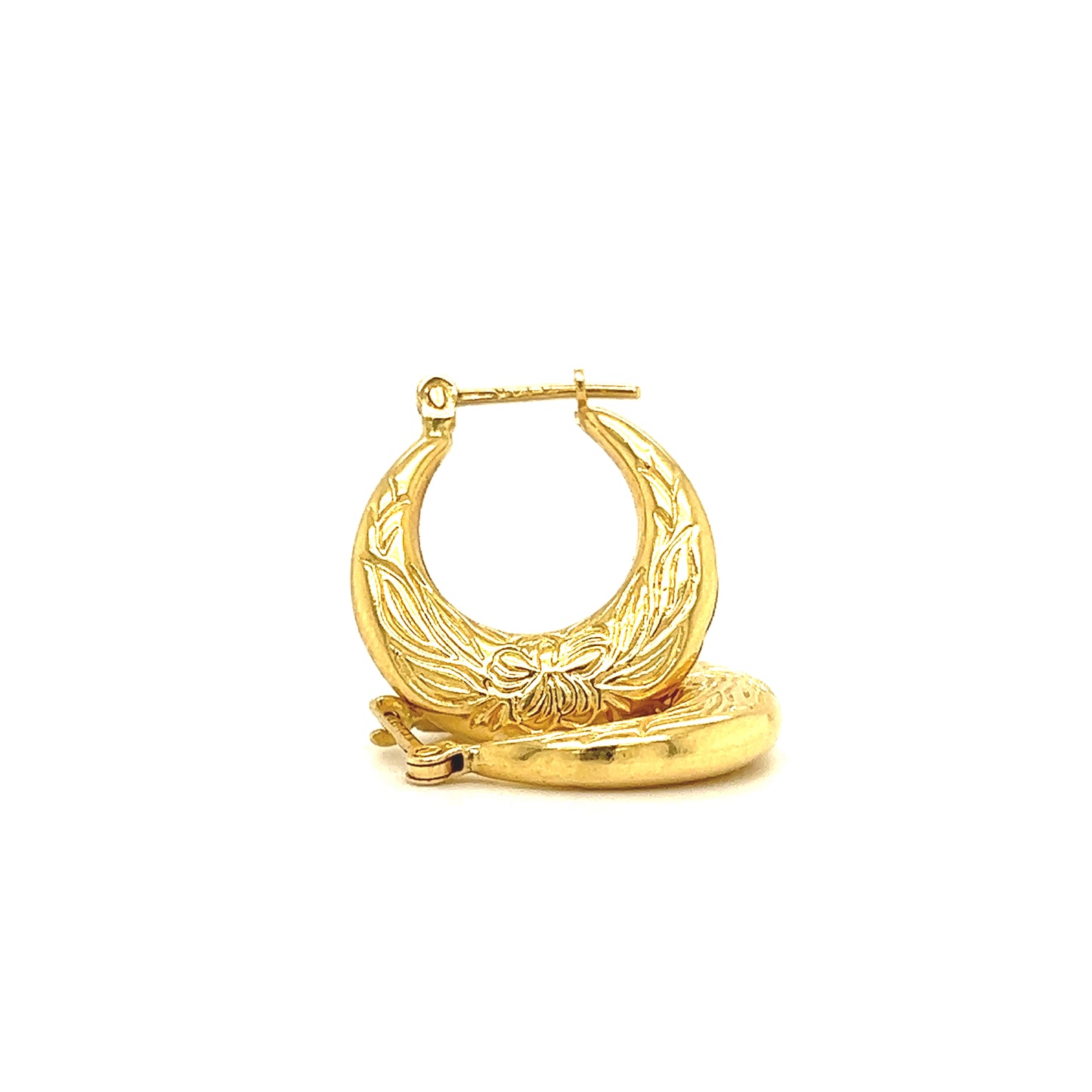 Hoop 18mm Earrings with Flower Engraving in 14K Yellow Gold Front and Side View