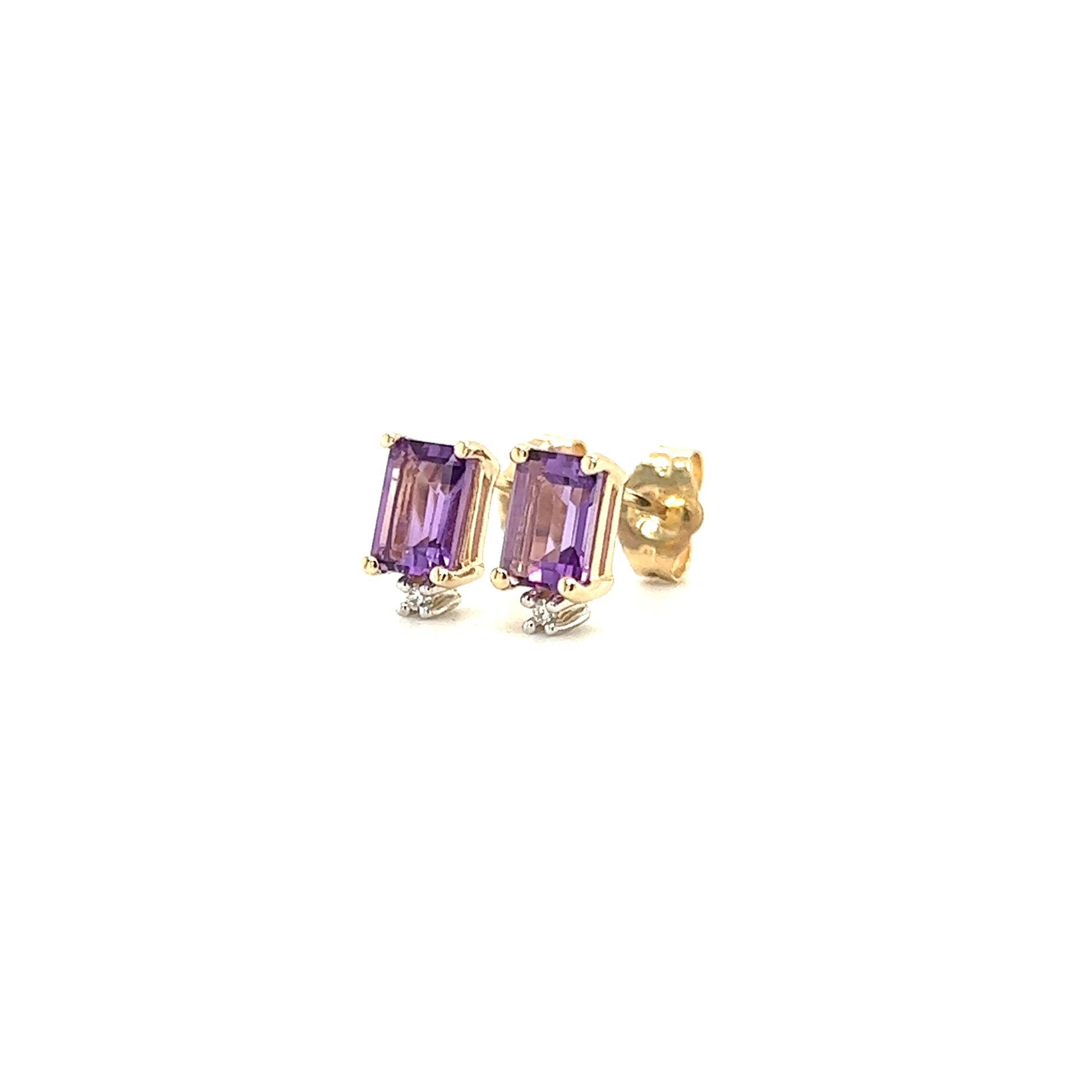 Baguette Amethyst Stud Earrings with Acent Diamonds in 14K Yellow Gold Right Side View