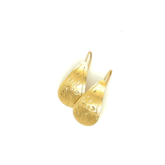 Gold Petal Drop Earrings with Engraving in 14K Yellow Gold Top View