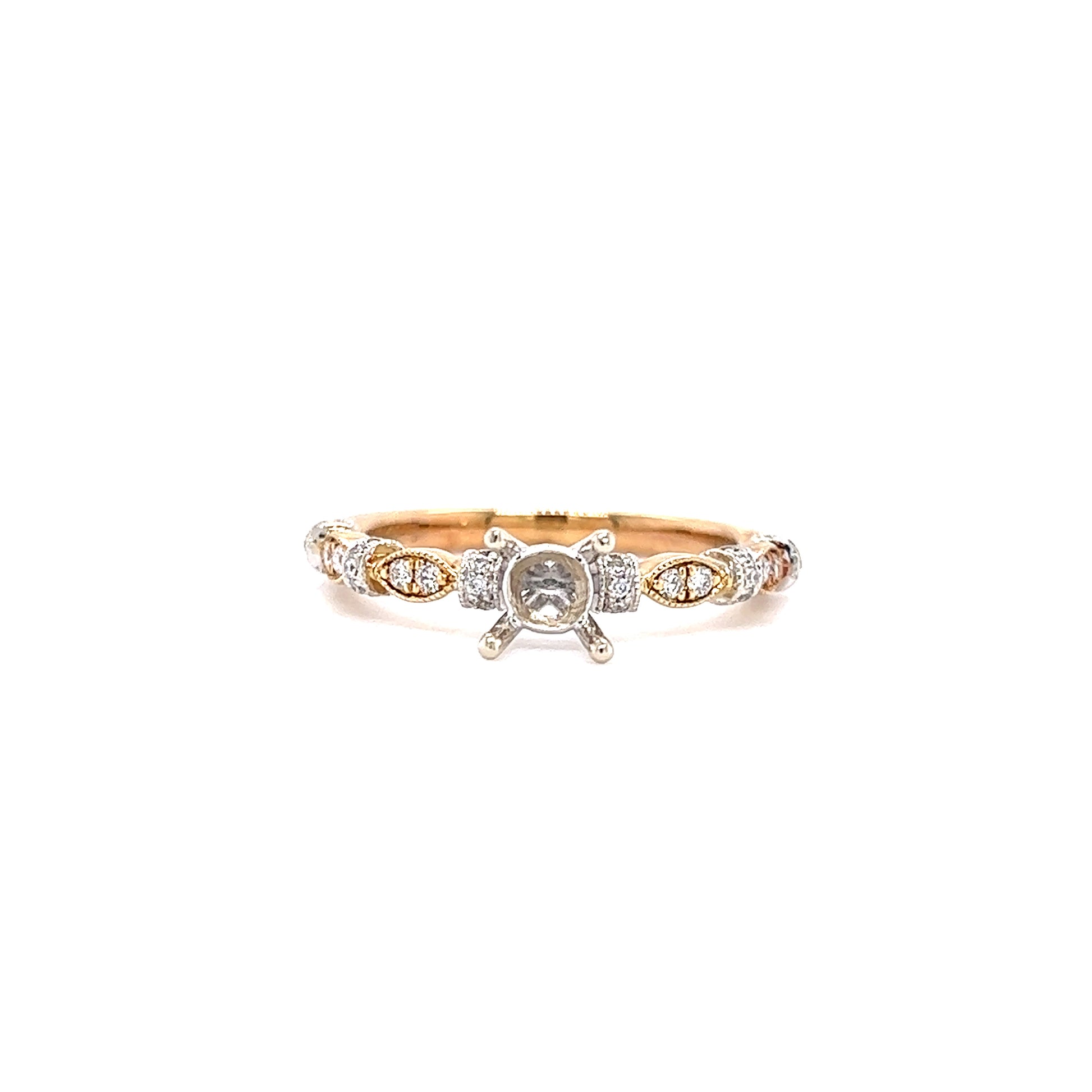 Milgrain Ring Setting with Side Diamonds in 14K Yellow and White Gold Front View