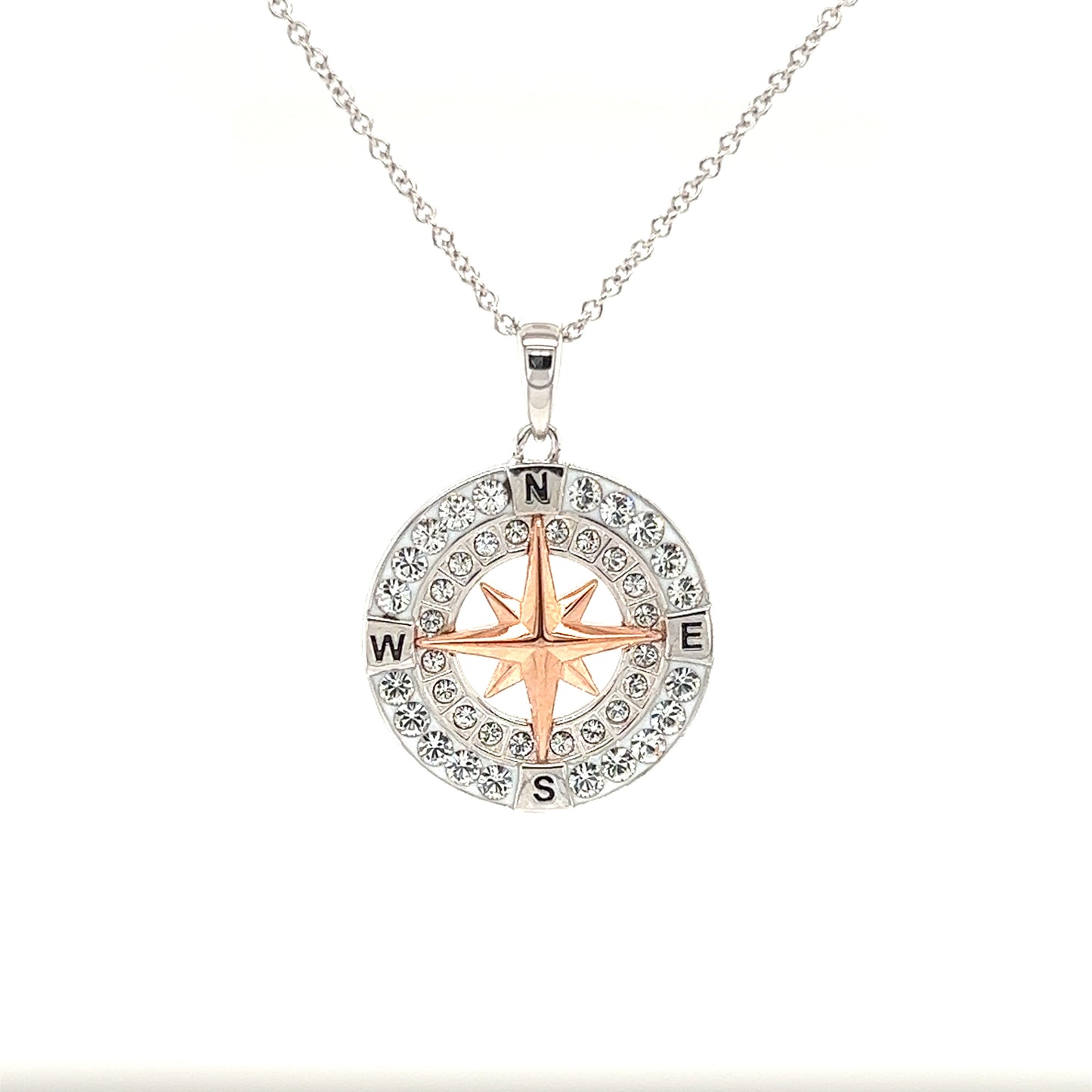 Compass Necklace with Rose Plated Rose and White Crystals in Sterling Silver Front View
