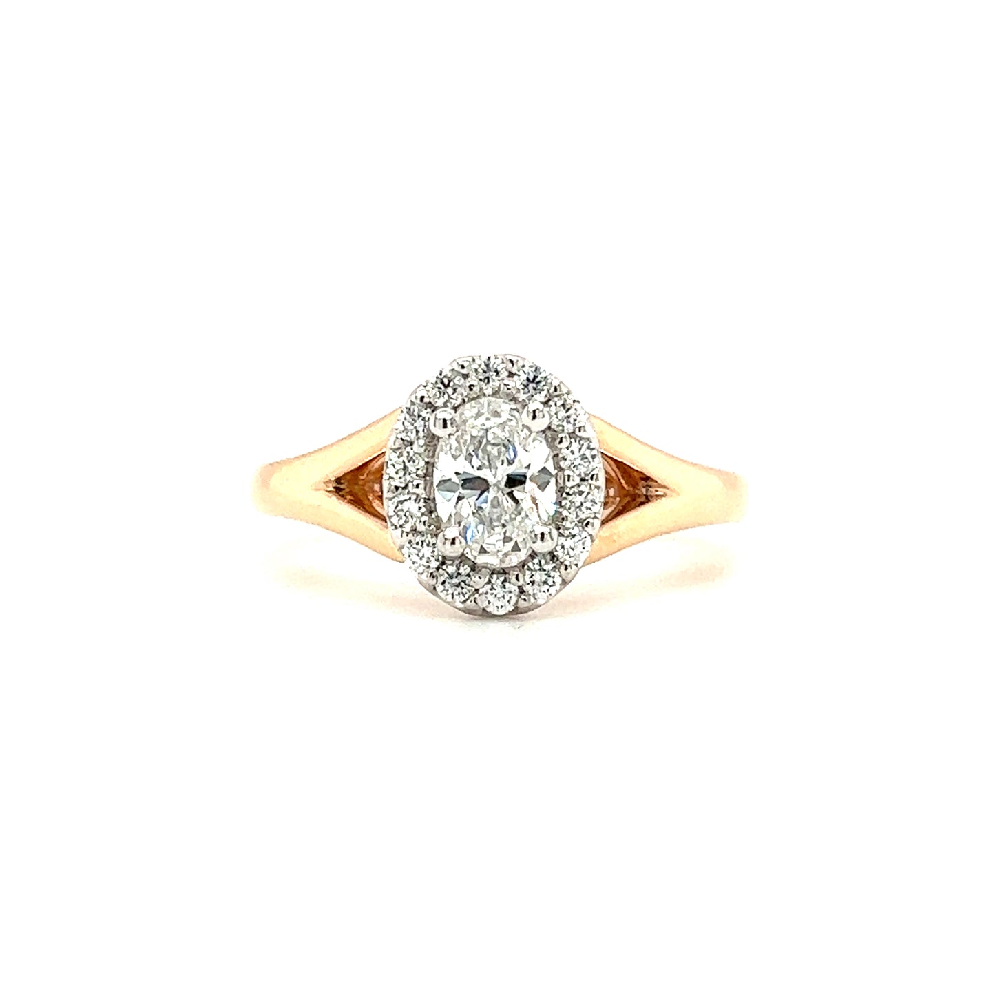 Oval Diamond Ring with Diamond Halo in 14K Rose Gold Front View 3