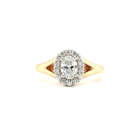 Oval Diamond Ring with Diamond Halo in 14K Rose Gold Front View 3