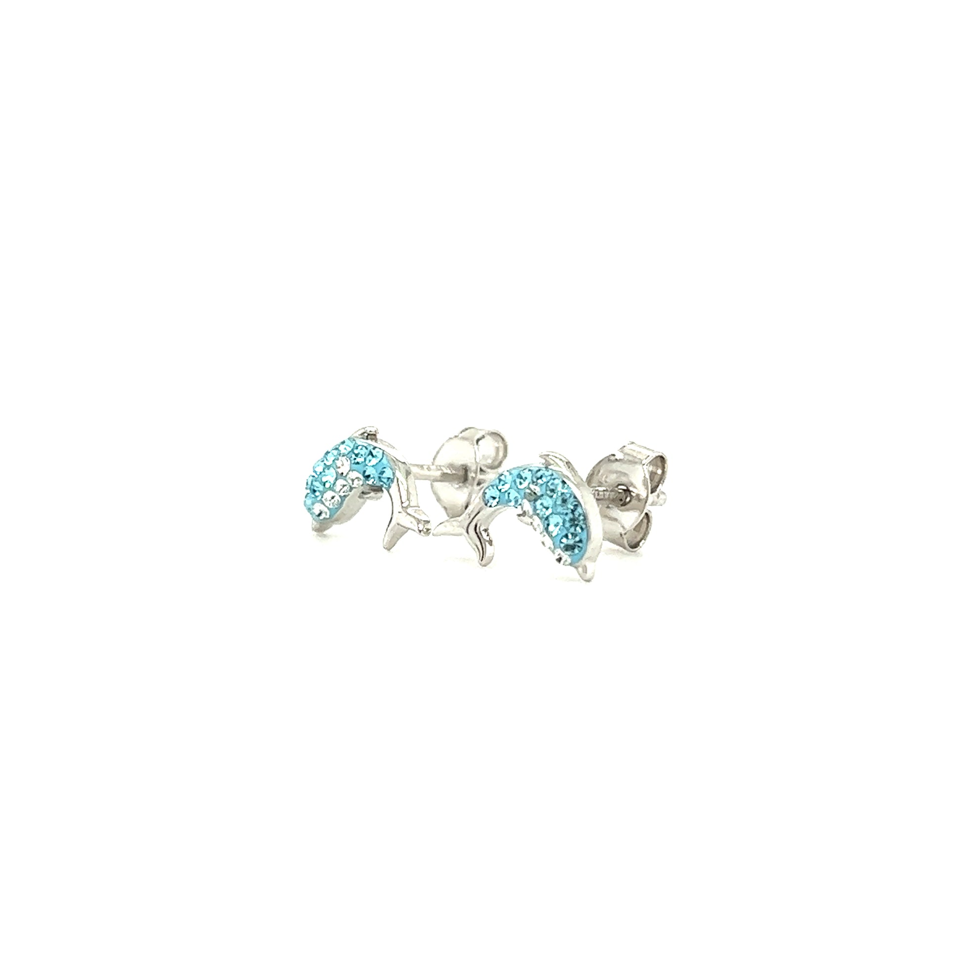 Dolphin Stud Earrings with Aqua and White Crystals in Sterling Silver Right Side View