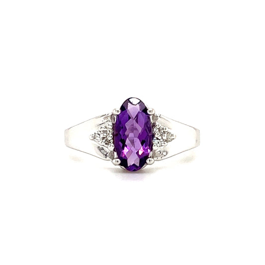 Oval Chess Amethyst Ring with Six Side Diamonds in 14K White Gold Front View