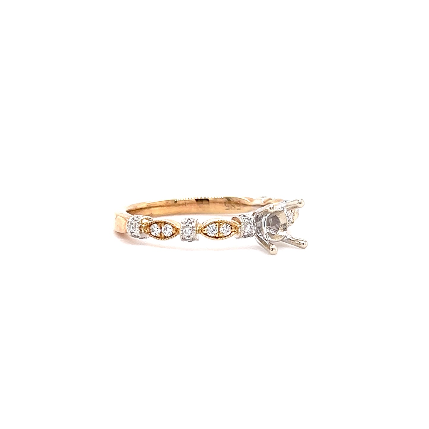 Milgrain Ring Setting with Side Diamonds in 14K Yellow and White Gold Left Side View