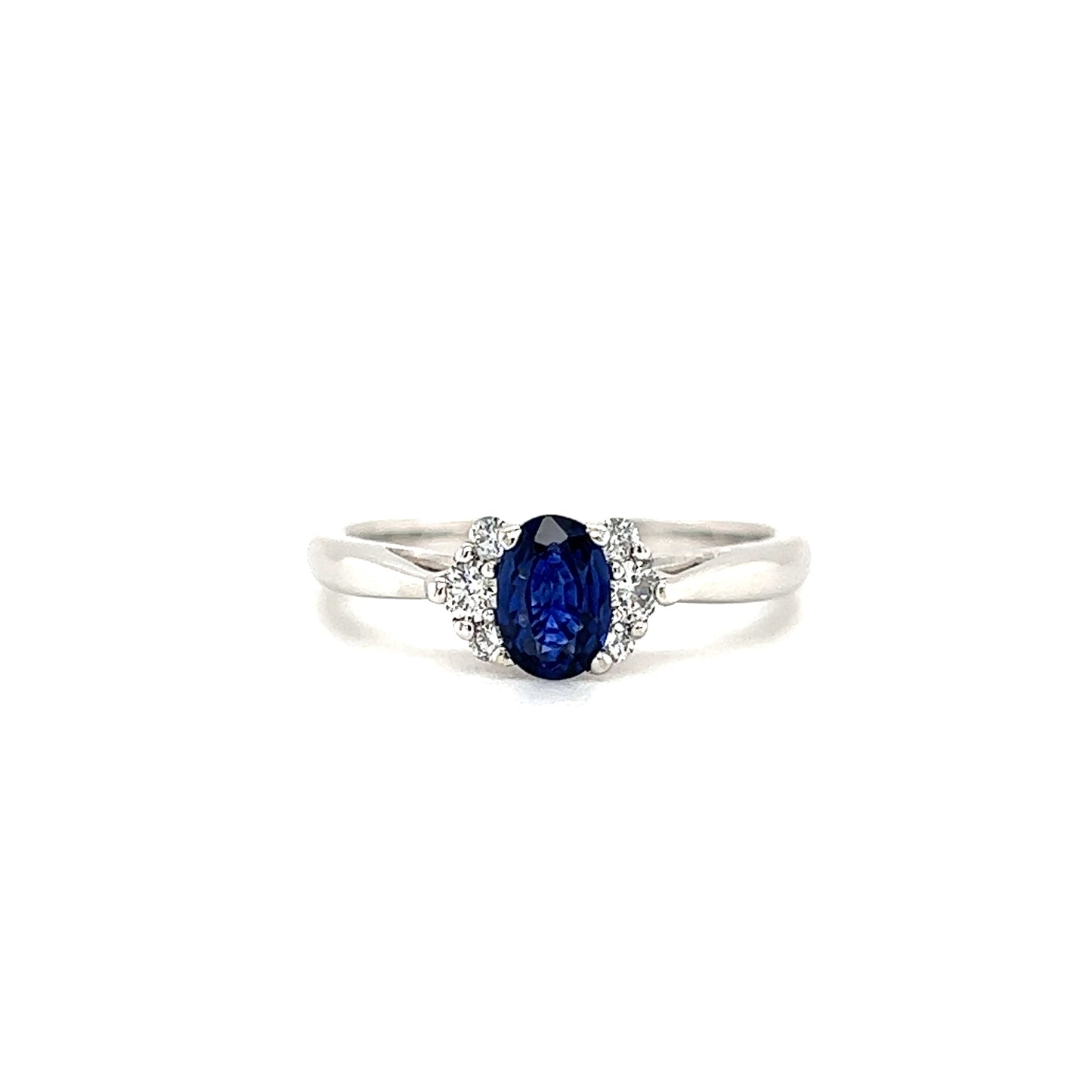 Oval Sapphire Ring with Six Side Diamonds in 14K White Gold Front View