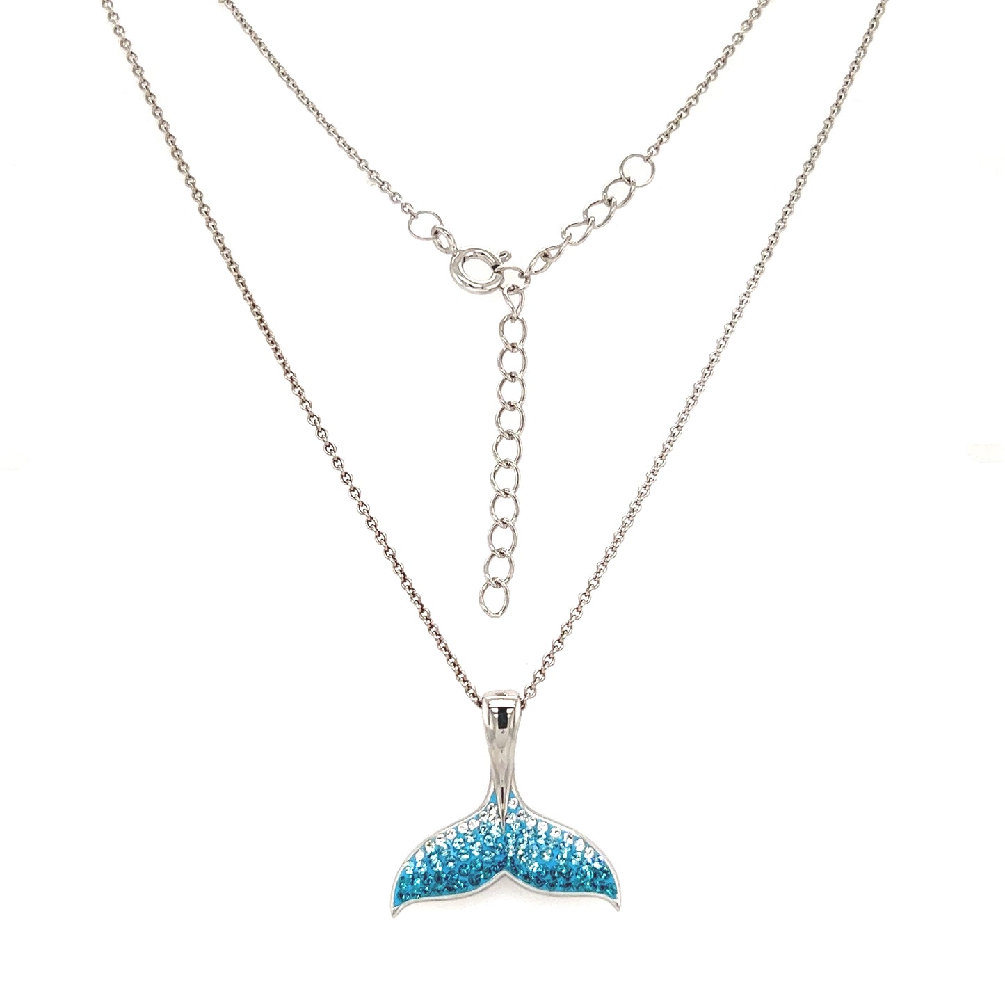 Whale Tail Necklace with Aqua Crystals in Sterling Silver Full Necklace View