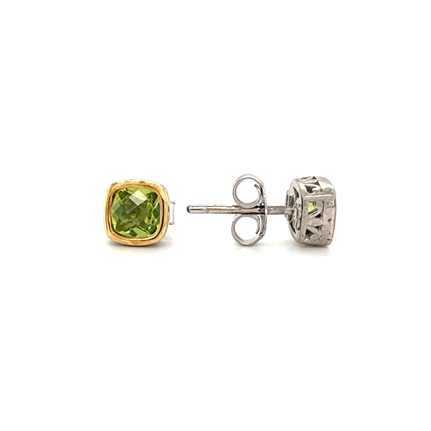 Cushion Peridot Stud Earrings in Sterling Silver  Front and Side View