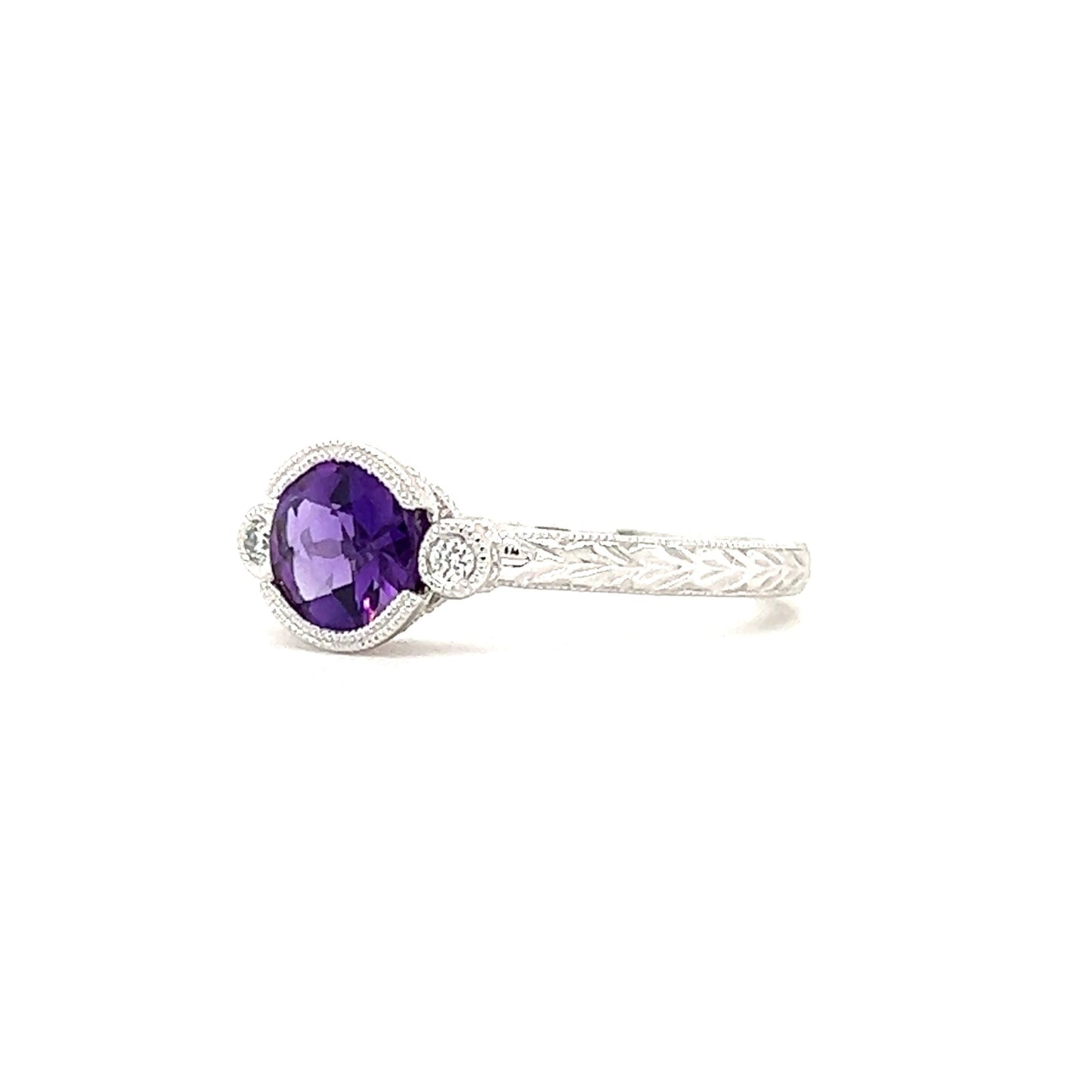 Amethyst Engraved Ring with Two Side Diamonds in 14K White Gold Right Side View