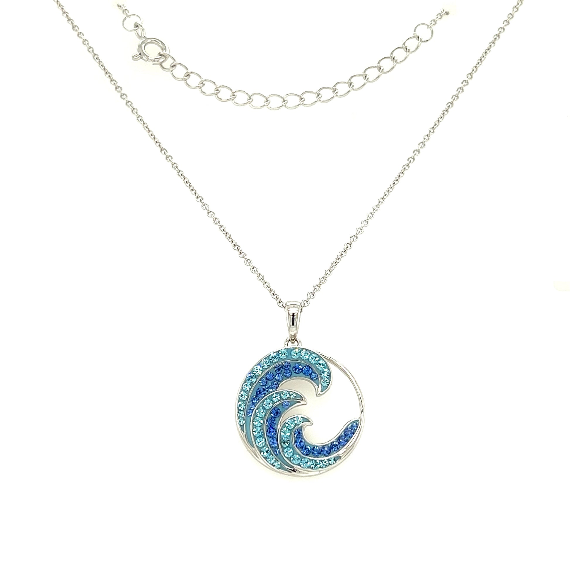 Wave Necklace with Blue and Aqua Crystals in Sterling Silver Full Necklace Full View