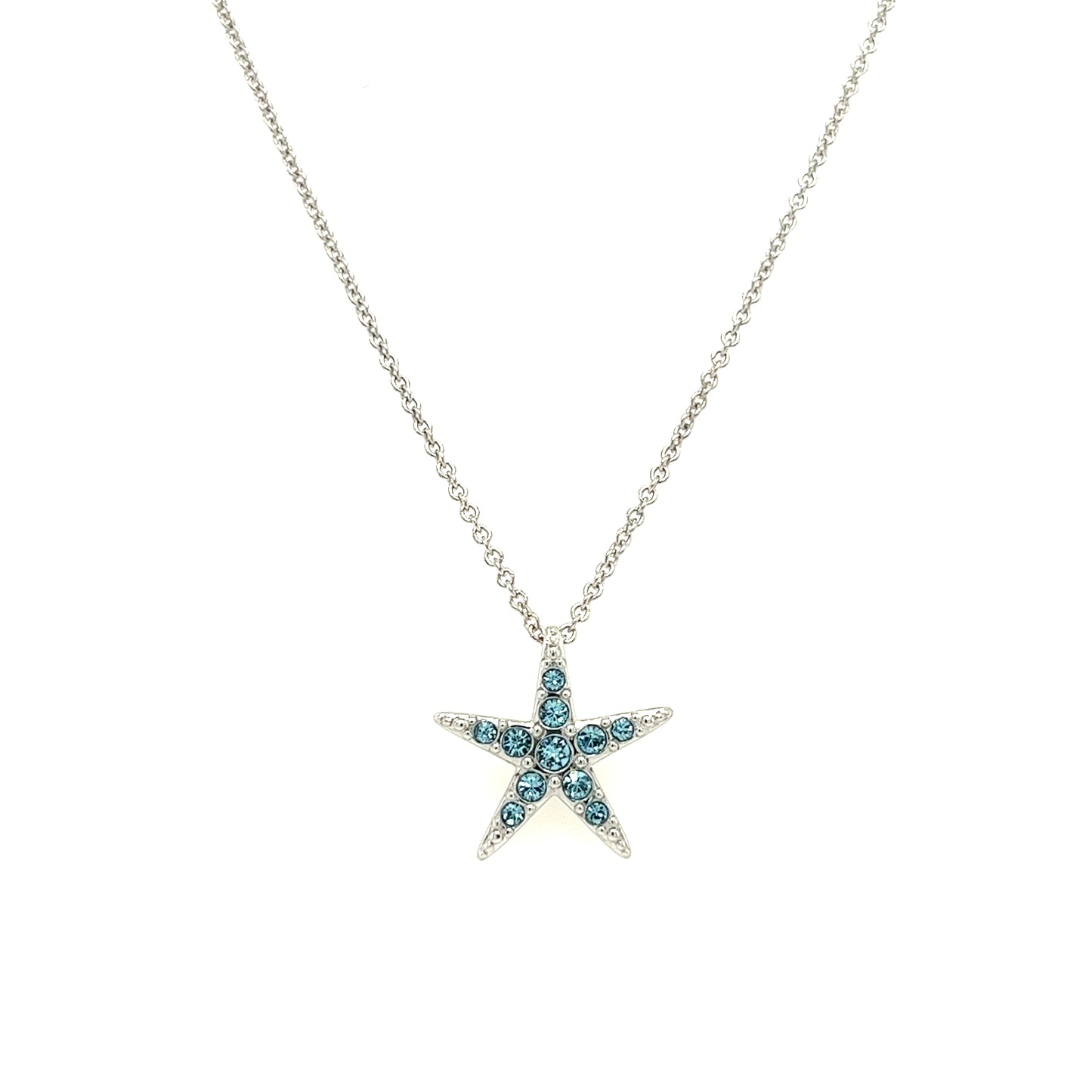 Starfish Necklace with Aqua Crystals in Sterling Silver Front View