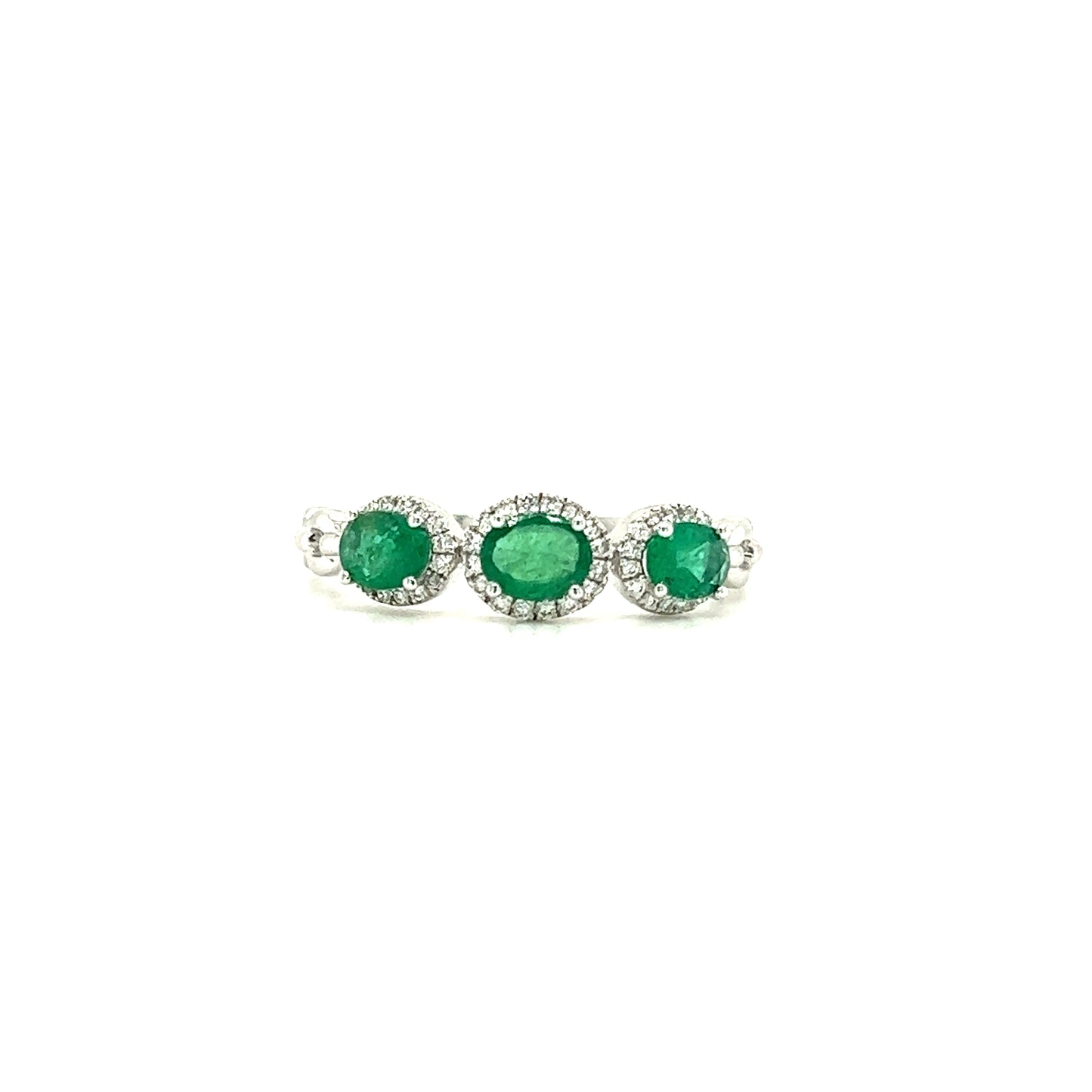 Three Stone Emerald Ring with Forty-Eight Diamonds in 14K White Gold Front View