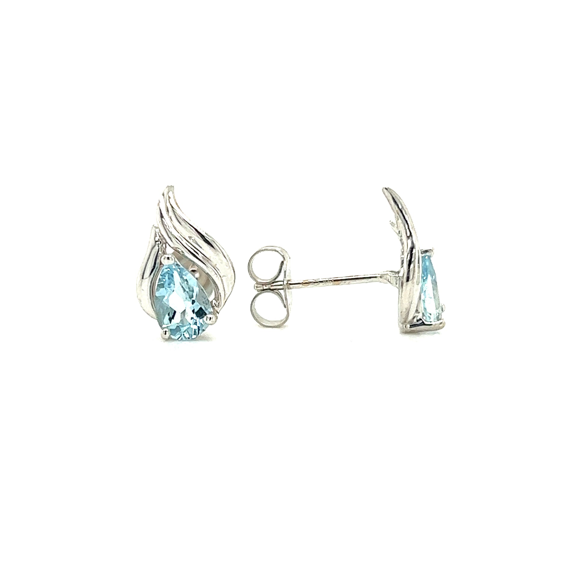 Pear Aquamarine Stud with Flame Motifs Earrings in 14K White Gold Front and Side View