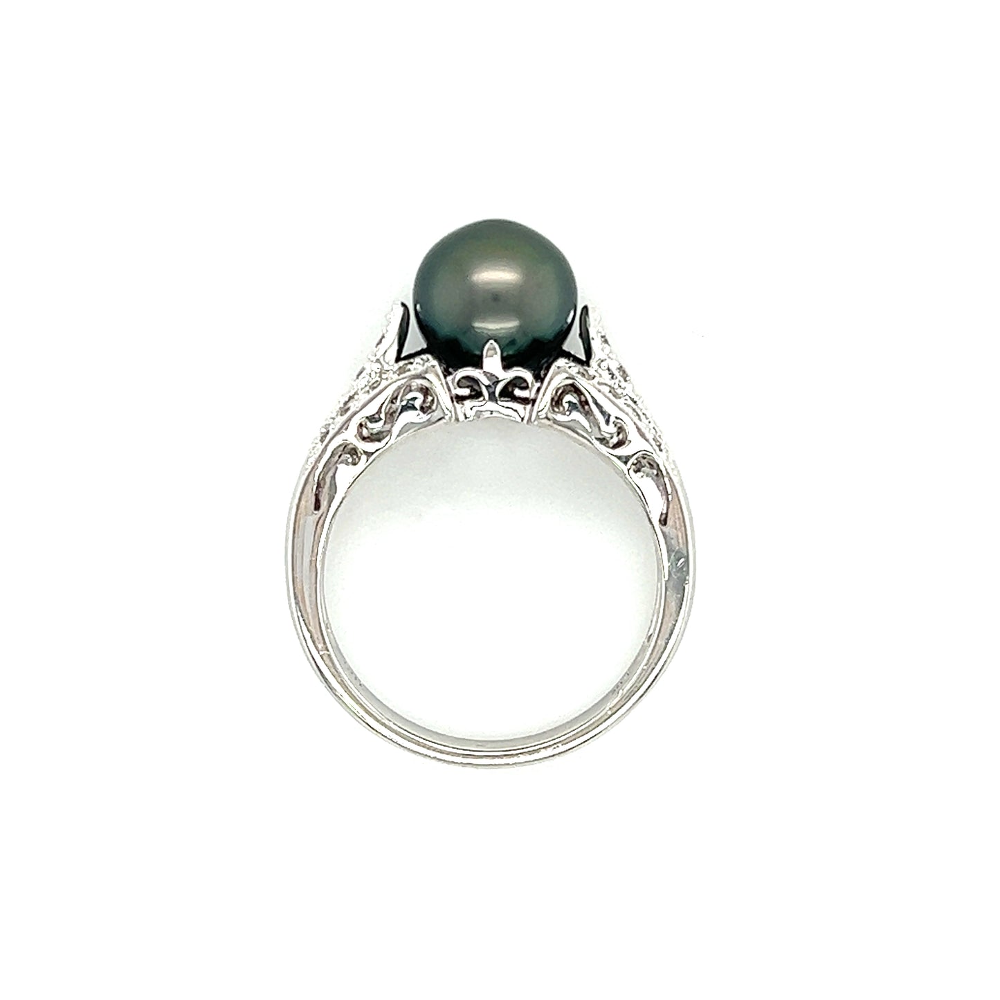 Black Pearl Ring with Twenty Diamonds in 14K White Gold Top View
