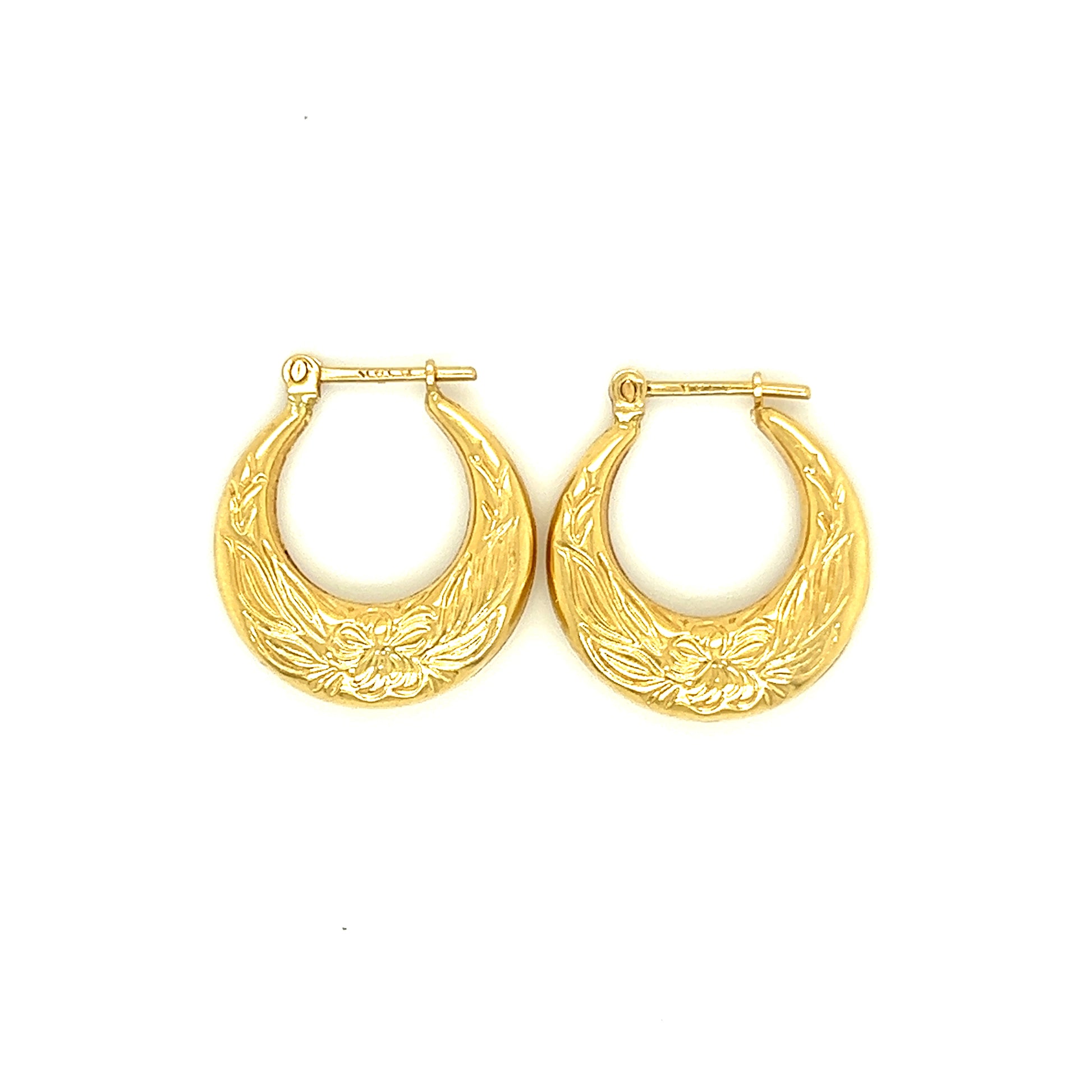 Hoop 18mm Earrings with Flower Engraving in 14K Yellow Gold Top View Closed Clasp