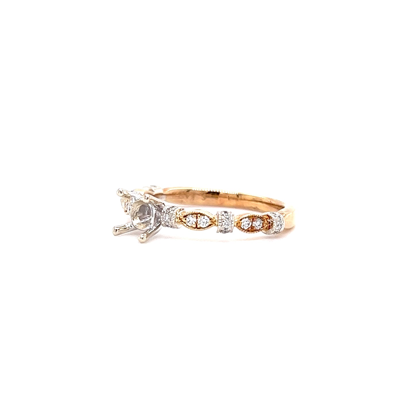 Milgrain Ring Setting with Side Diamonds in 14K Yellow and White Gold Right Side View