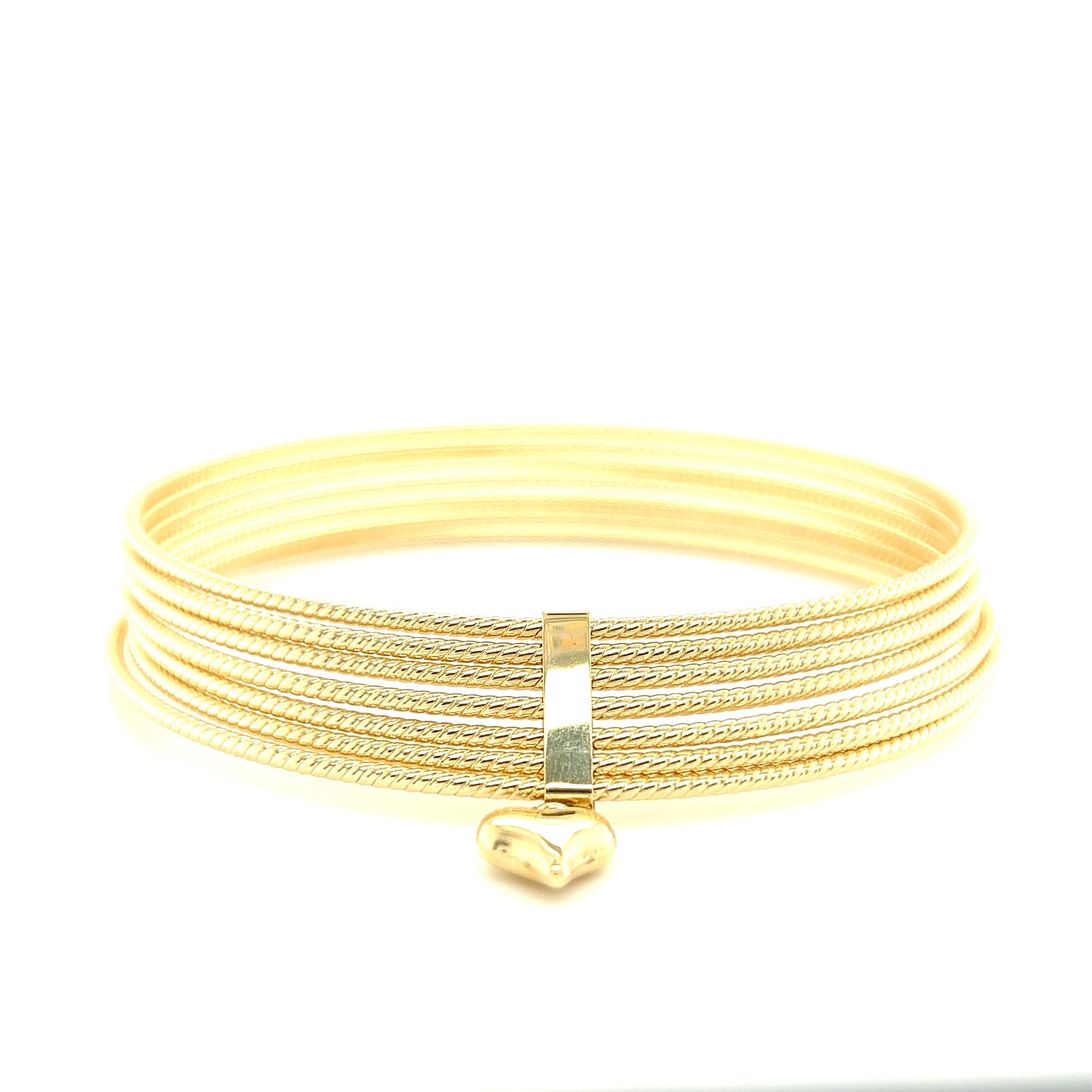 Textured Bangle Bracelet Set with Dangle Heart in 14K Yellow Gold Gold Charm View