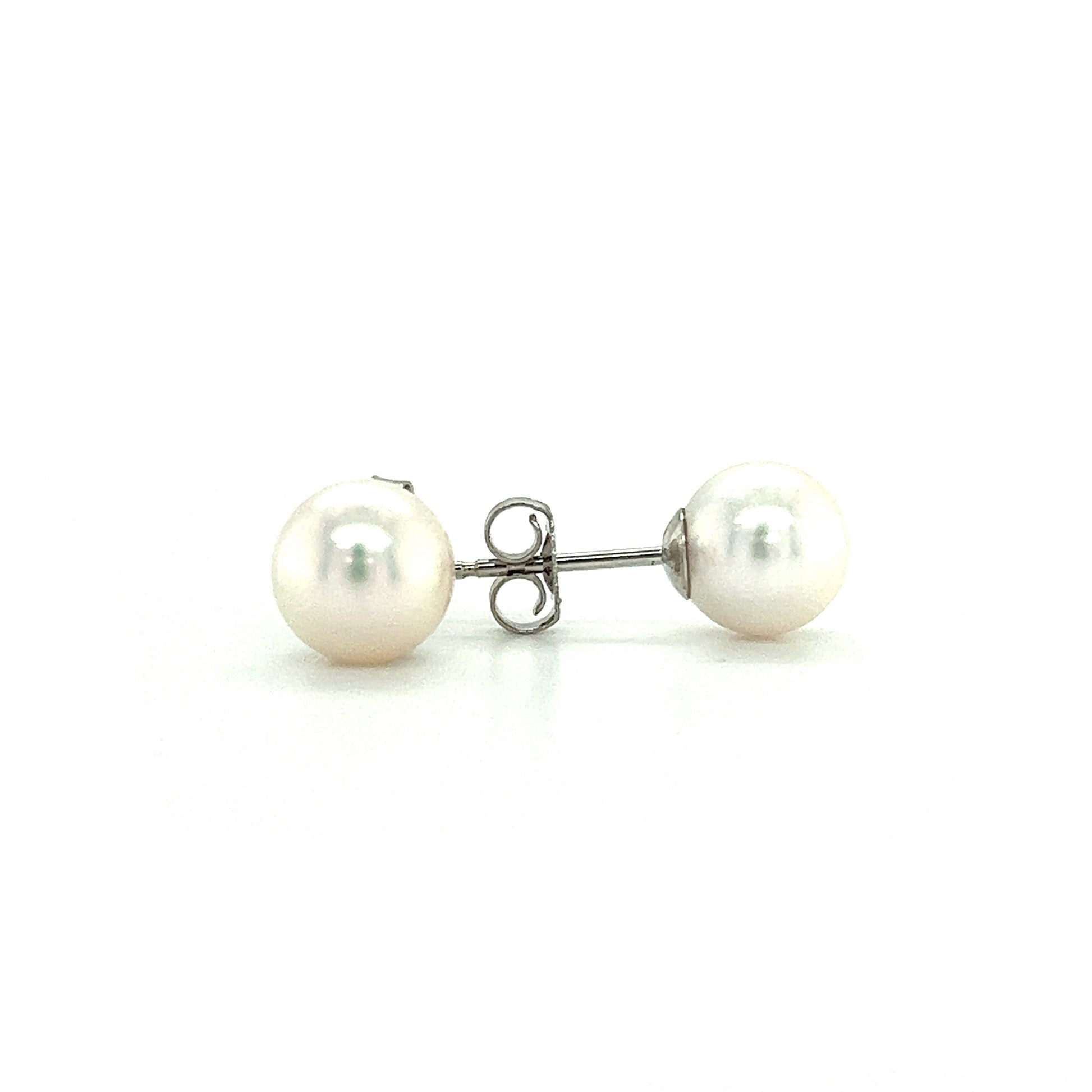 Pearl 7mm Stud Earrings in 14K Gold Front and Side View