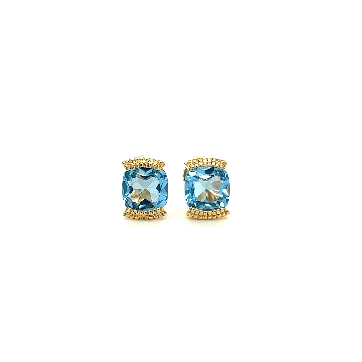 Cushion Blue Topaz Stud Earrings with 1.78ctw of Swiss Blue Topaz in 14K Yellow Gold Front View