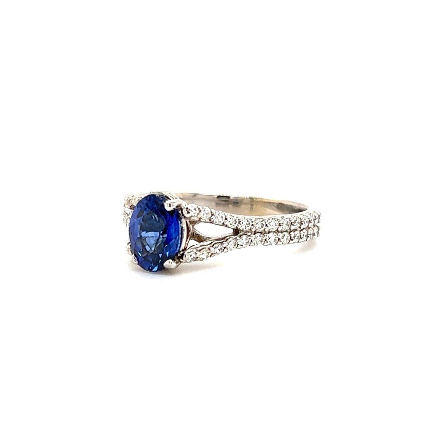 Oval Blue Sapphire Ring with Split Diamond Shank in 14K White Gold Left Side View