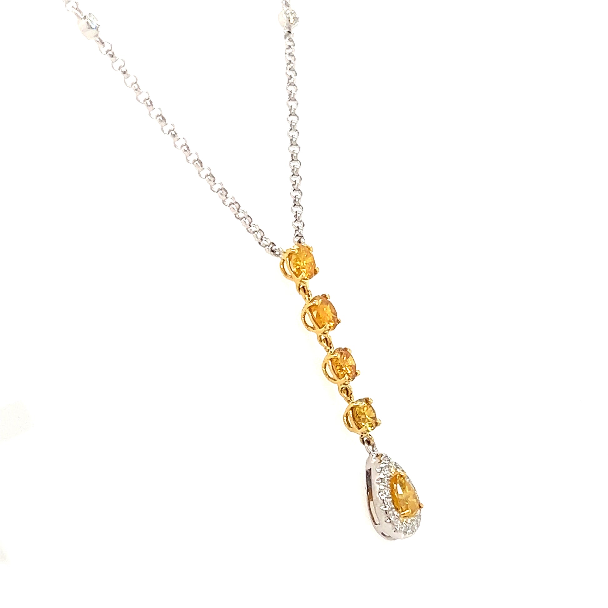 Yellow Diamond Necklace with Twenty One Diamonds in 18K White Gold Right Side View