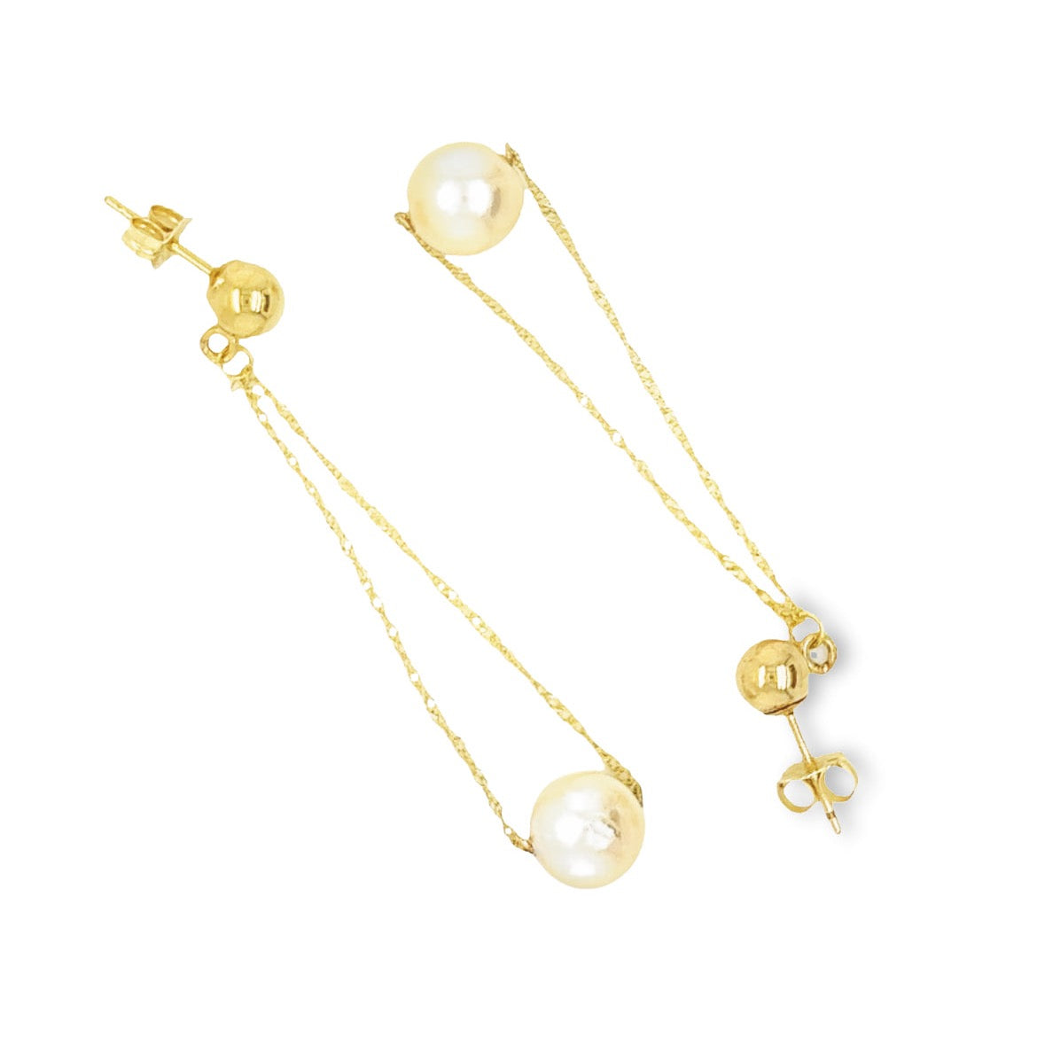 Ball 4mm Post Dangle Earrings with Two 7.5mm Pearl in 14K Yellow Gold Top Flat View