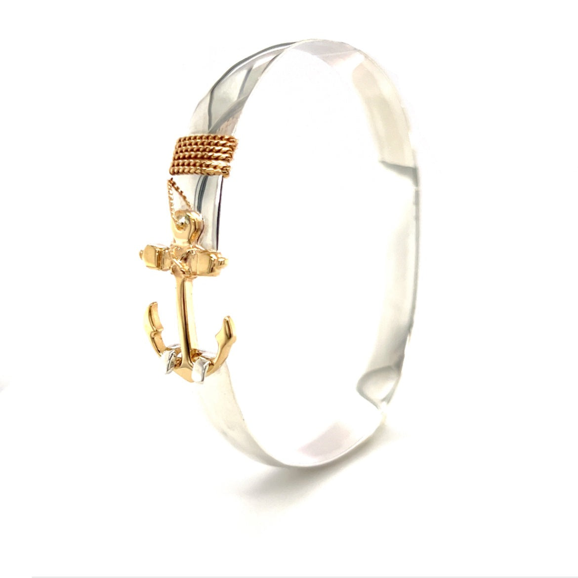 Flat 8mm Bangle Bracelet with 14K Yellow Gold Anchor and Wrap in Sterling Silver Side View