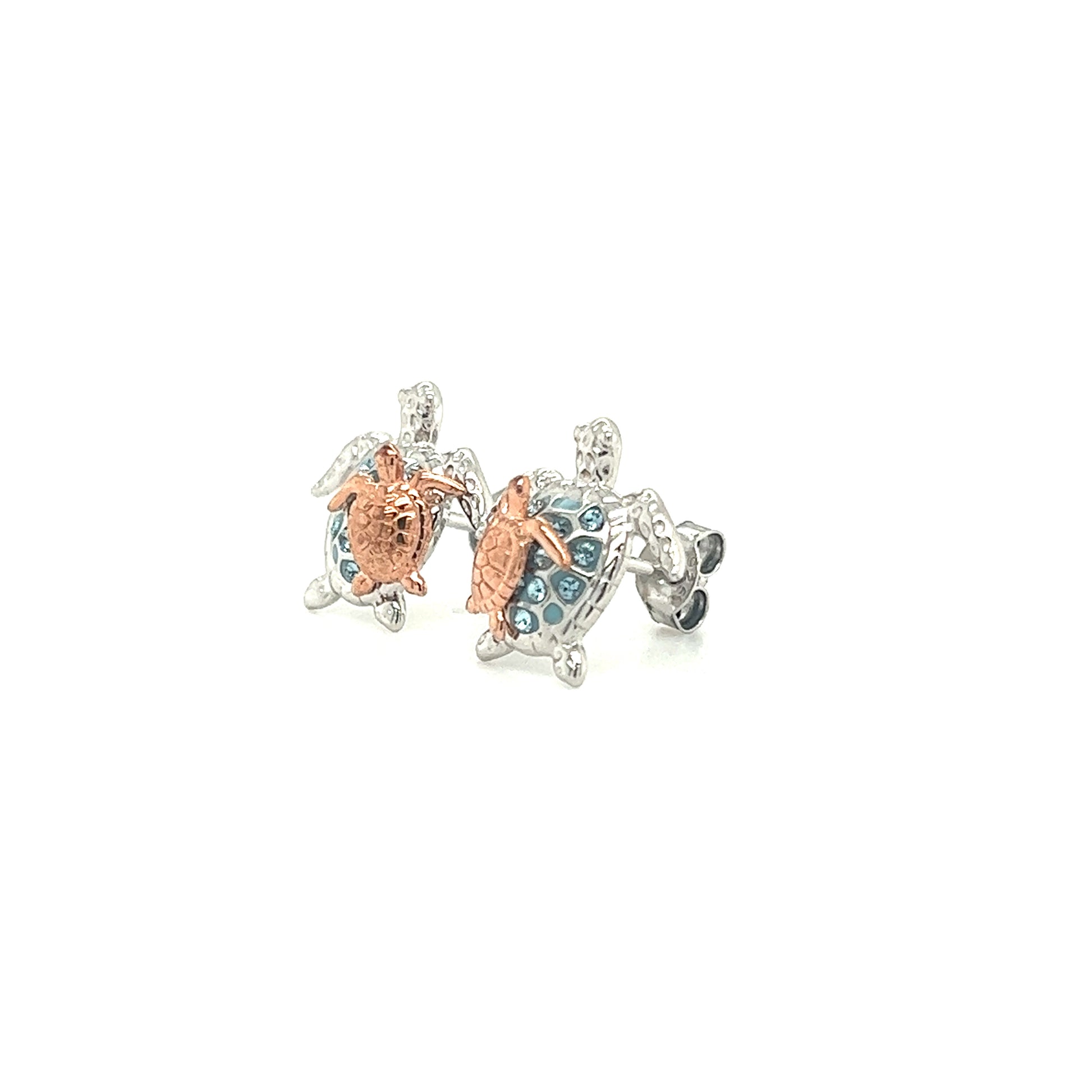 Sea Turtle Stud Earrings with Rose Gold Accents and Aqua Crystals in Sterling Silver Right Side View