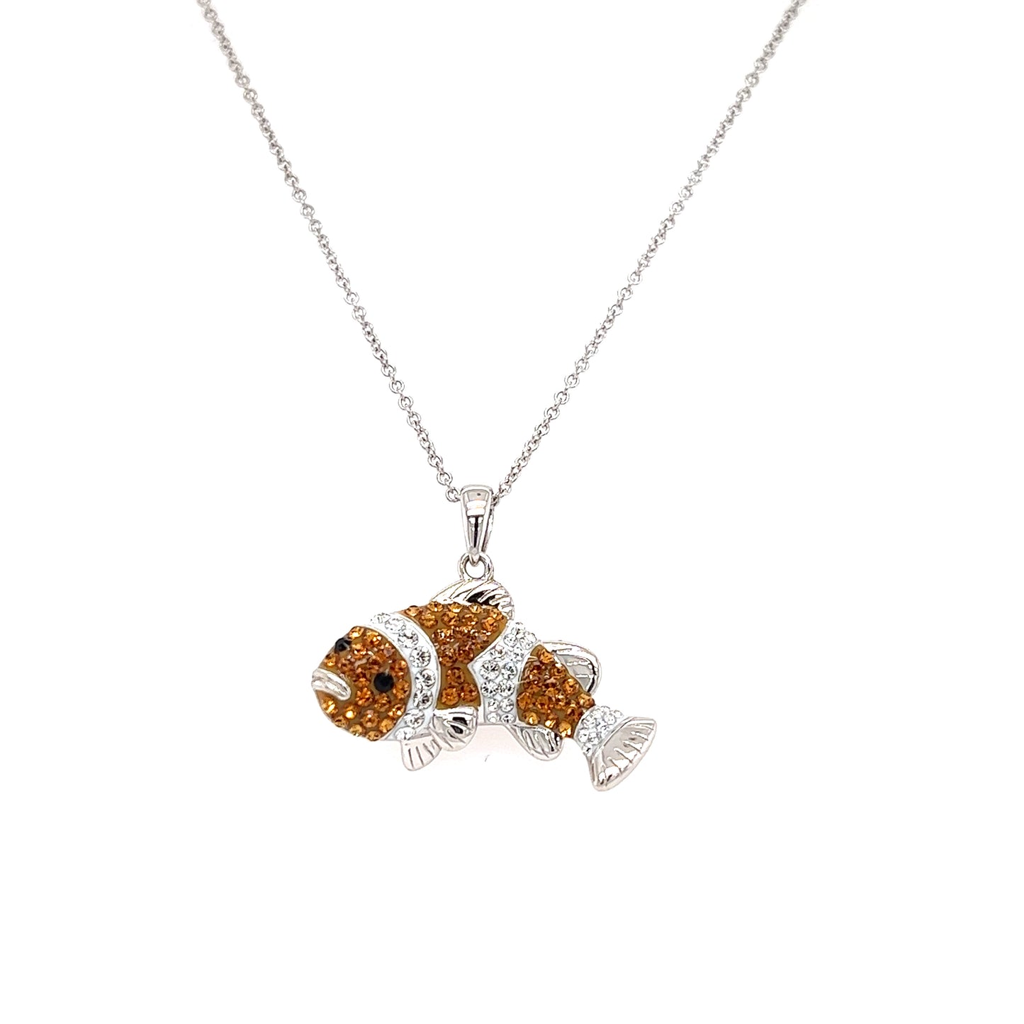 Clownfish Necklace with Orange and White Crystals in Sterling Silver Pendant and Chain Front View