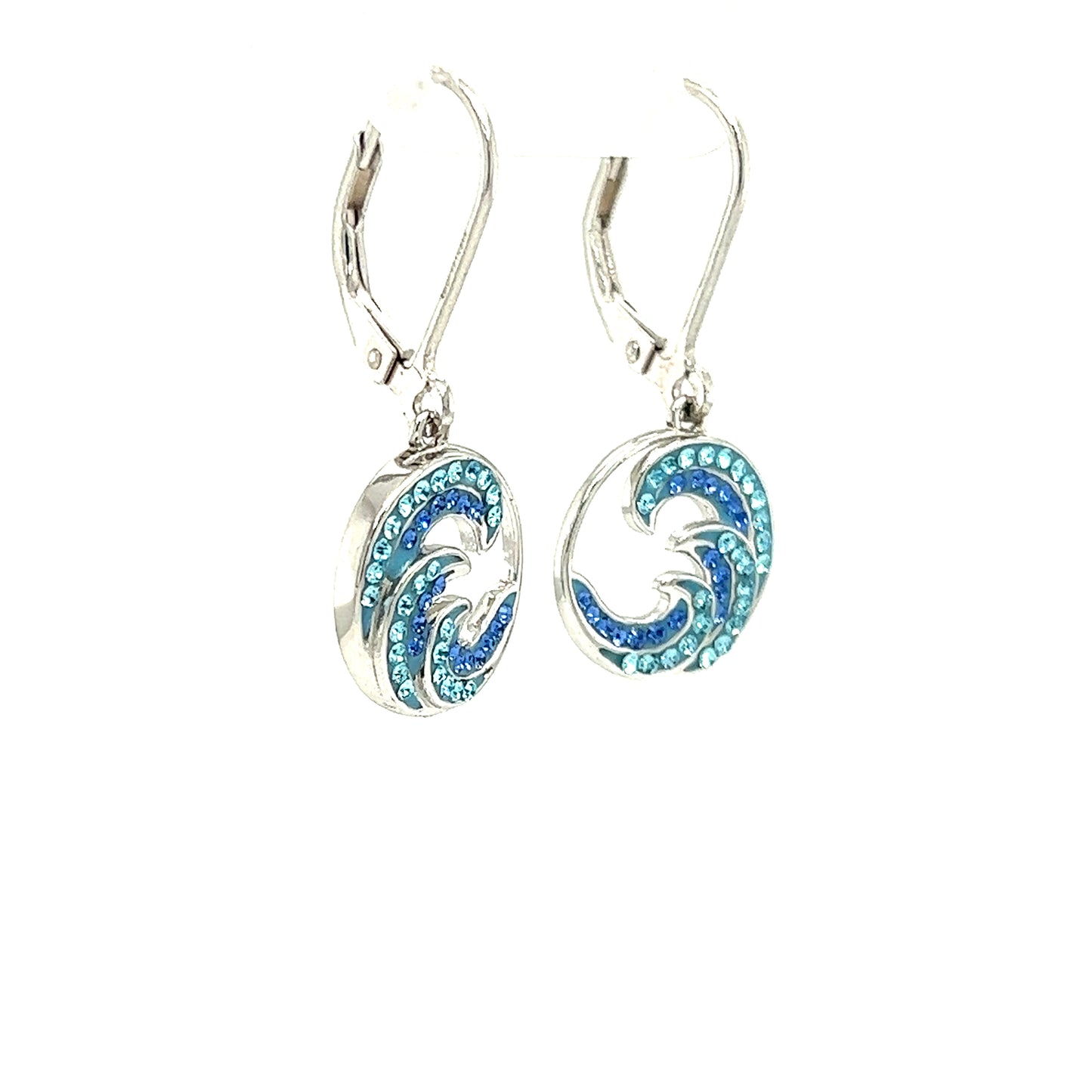 Wave Dangle Earrings with Blue and Aqua Crystals in Sterling Silver Left Side View