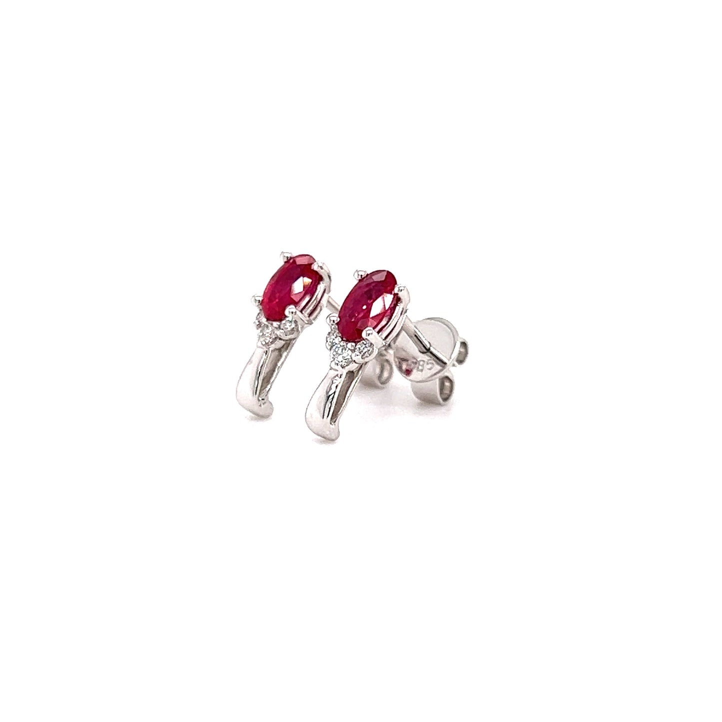 Oval Ruby Stud Earrings with Side Diamonds in 14K White Gold Right Side View