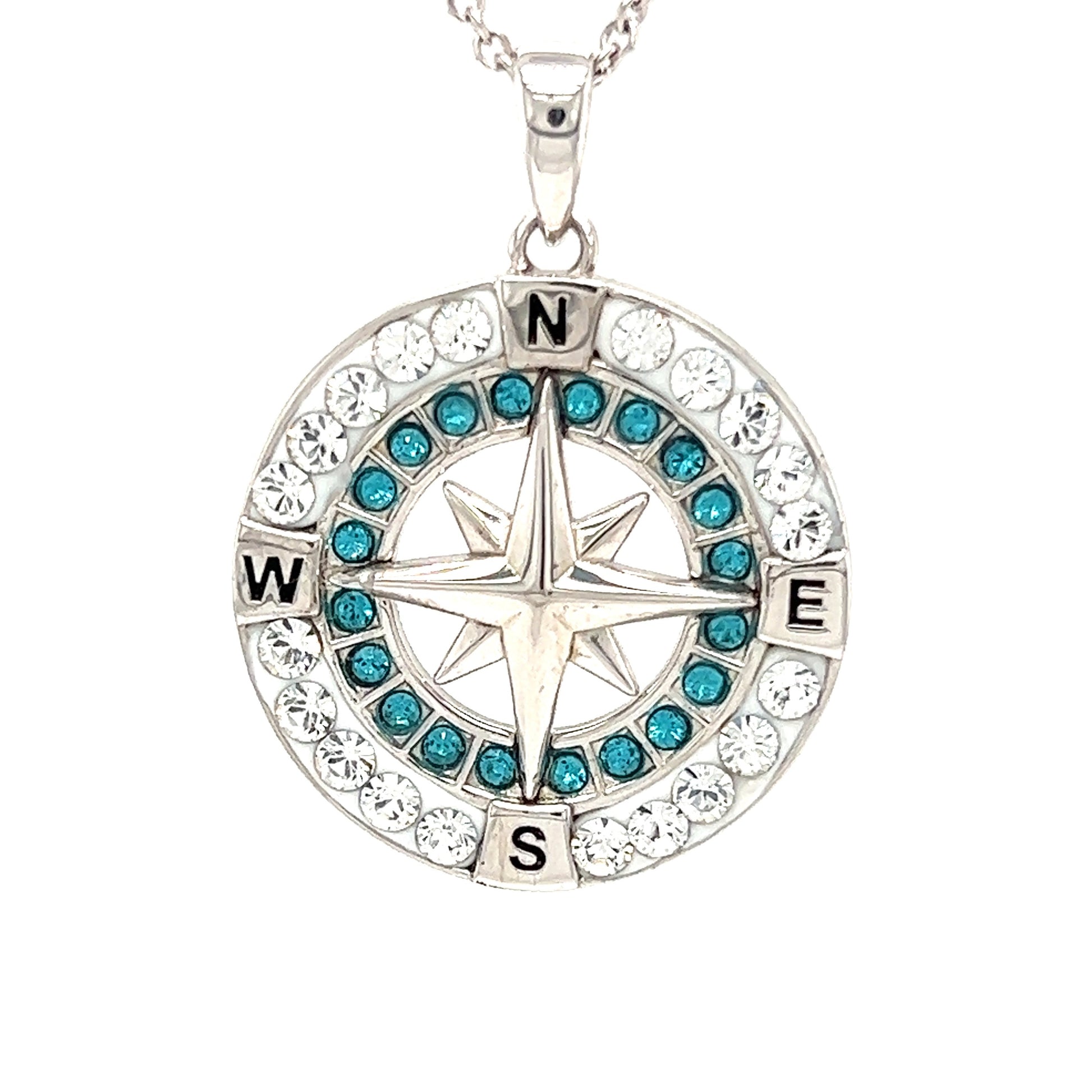 Compass Necklace with Aqua and White Crystals in Sterling Silver Front Pendant View