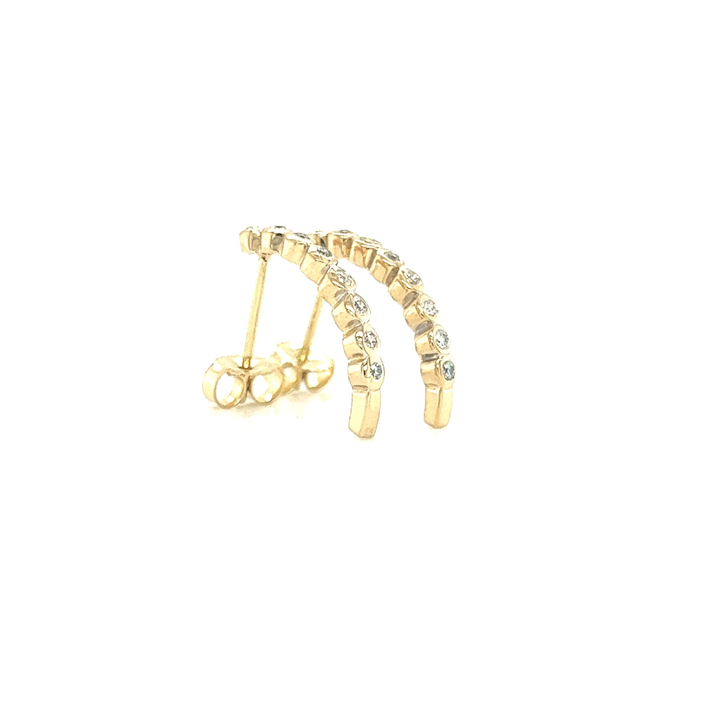 J-Hoop Earrings with Sixteen Diamonds in 14K Yellow Gold Standing Side View