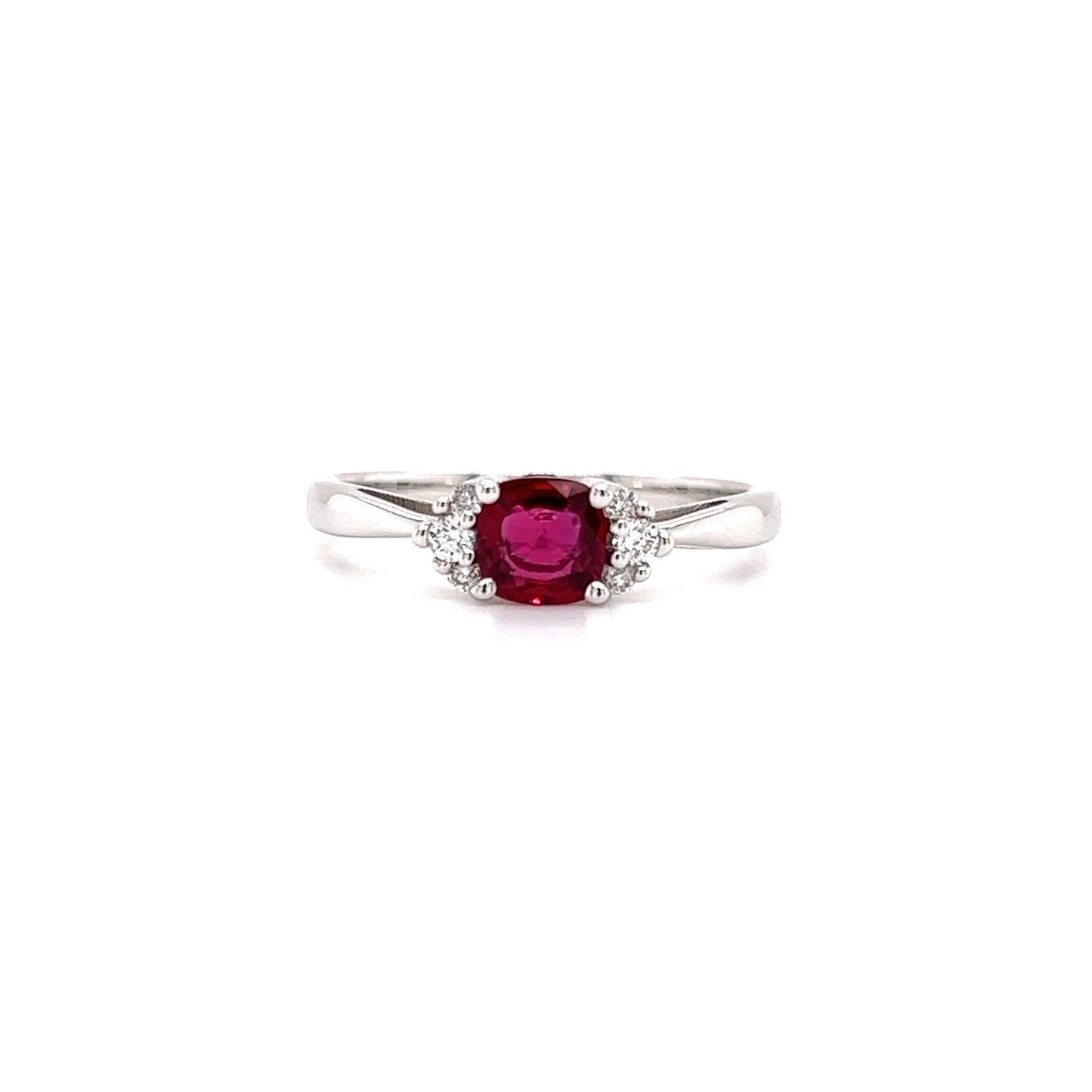 Cushion Ruby Ring With Six Side Diamonds in 14K White Gold Front View