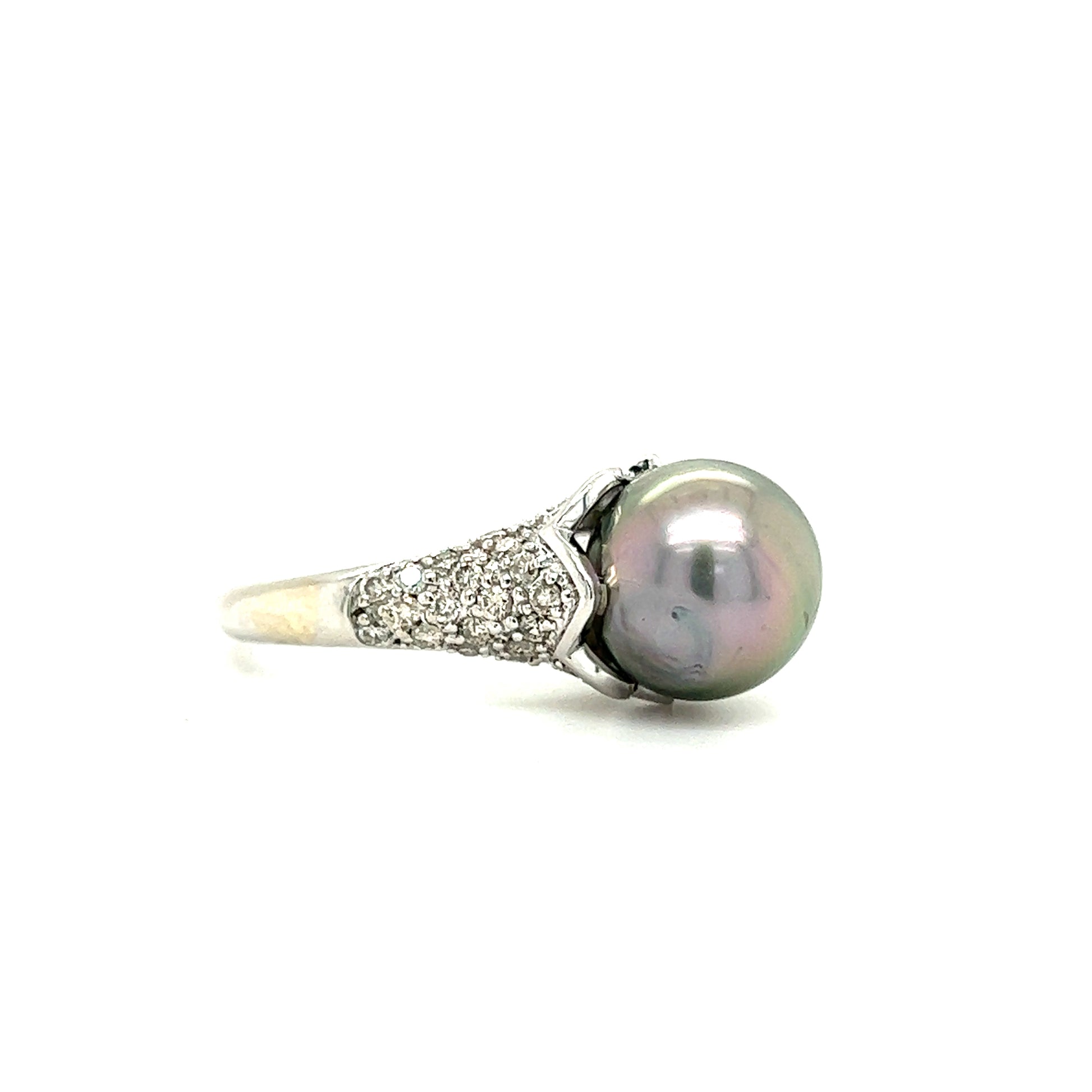 Tahitian Pearl Ring with 0.67ctw of Diamonds in 14K White Gold Left Side View