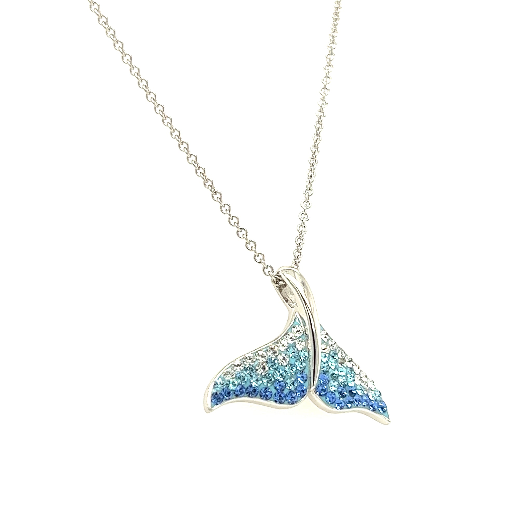 Whale Tail Necklace with White, Aqua and Blue Crystals in Sterling Silver Left Side View