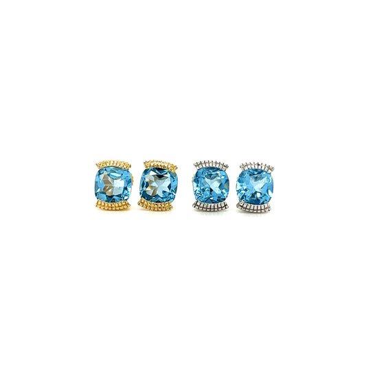 Cushion Blue Topaz Stud Earrings with 1.78ctw of Swiss Blue Topaz in 14K Gold Front View