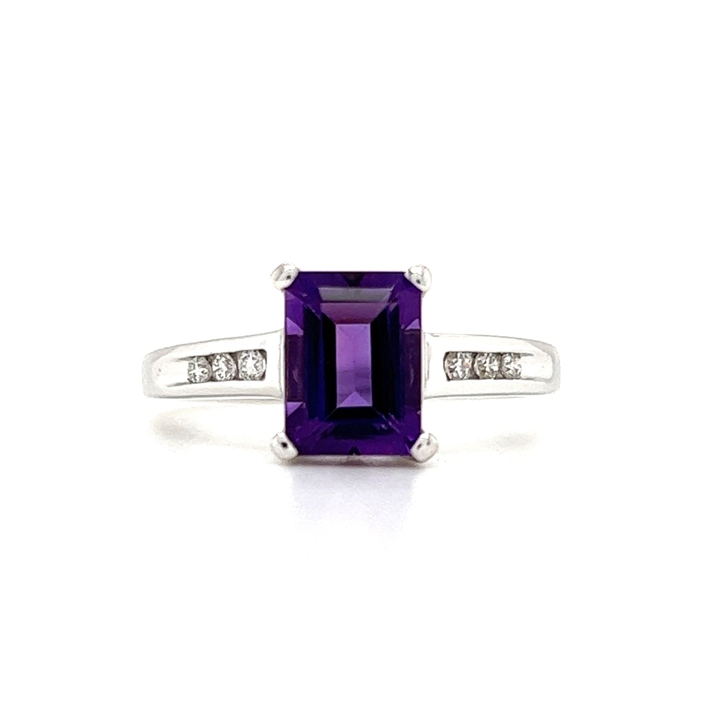 Baguette Amethyst Ring in 14K White Gold with Side Diamonds Front View