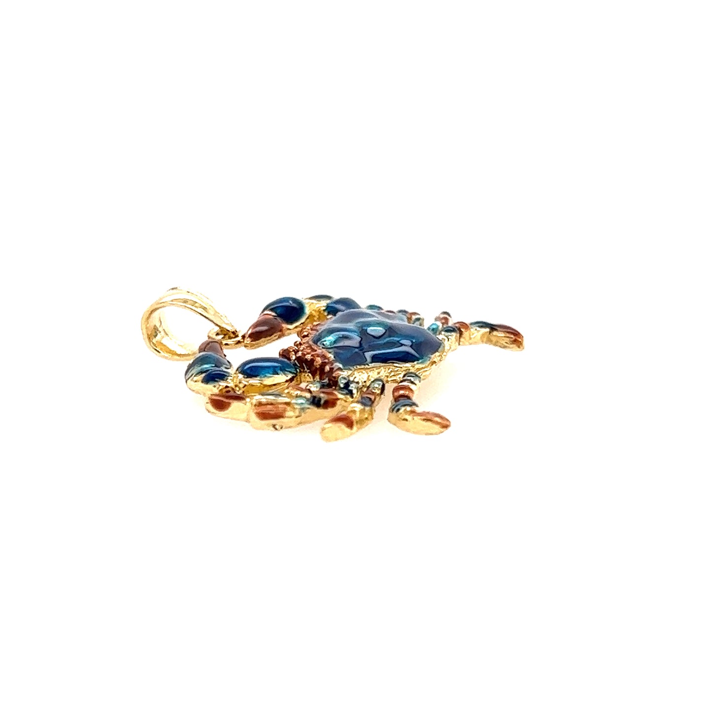 Blue Crab Large Pendant with Enameling in 14K Yellow Gold Side Flat View