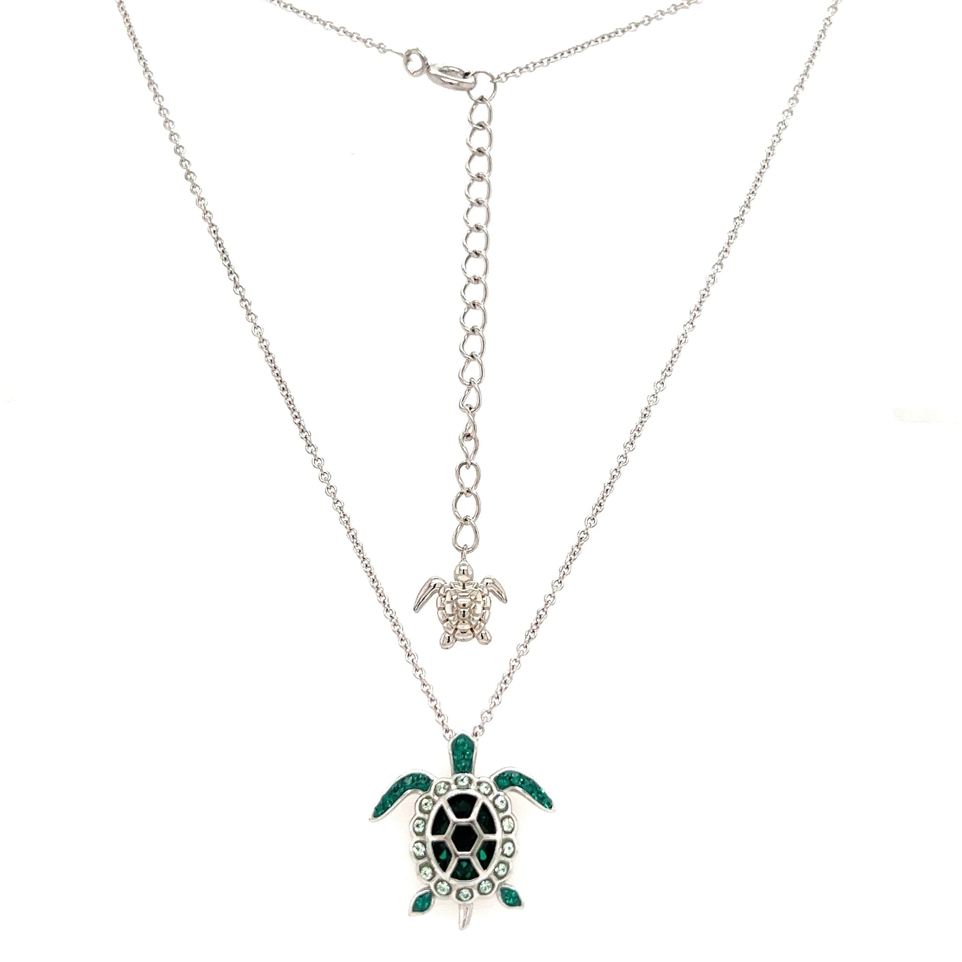 Sea Turtle Necklace with Deep Green Crystals in Sterling Silver. Full Necklace Front View