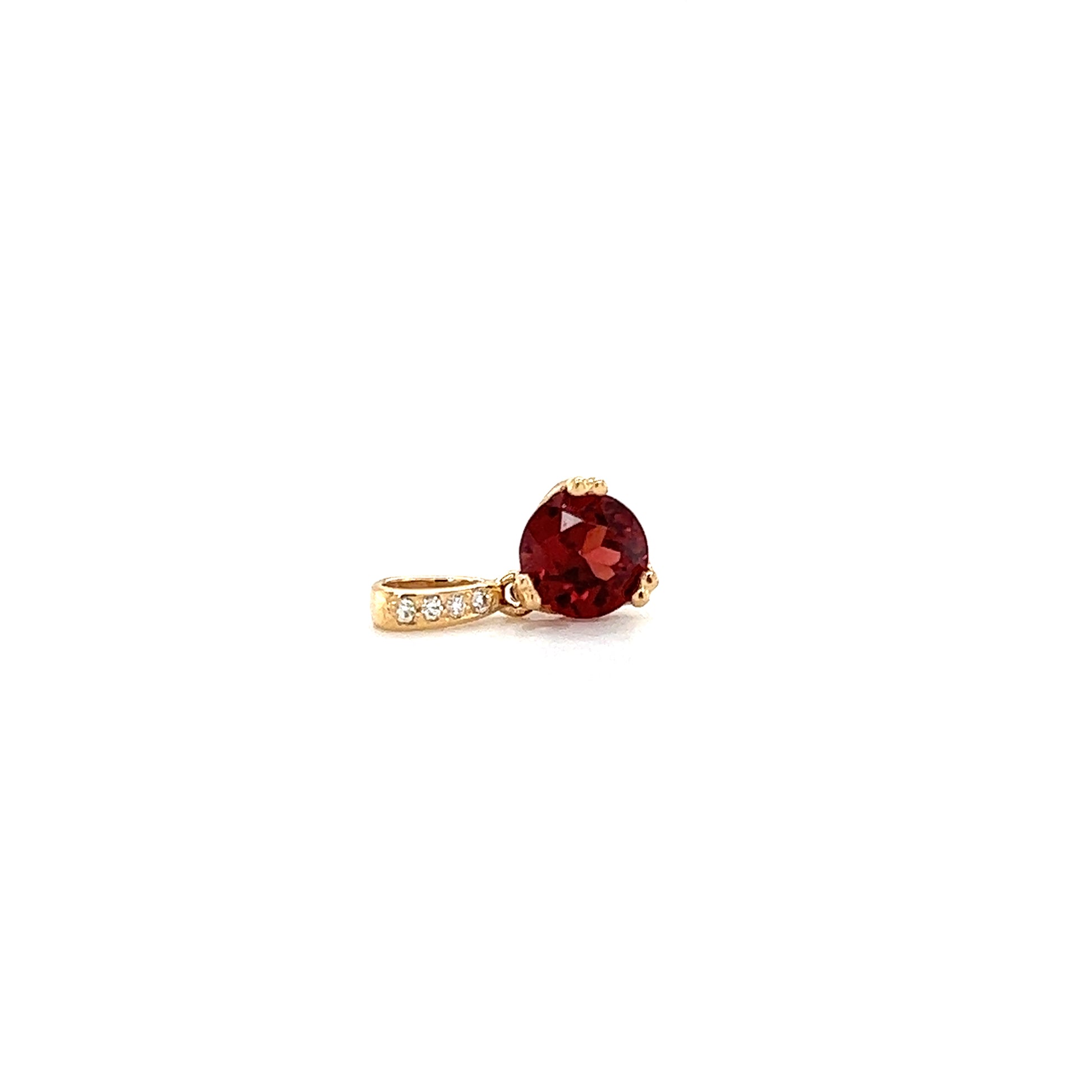 Round Garnet Pendant With Four Diamonds in 14K Yellow Gold Pendant Front Side View