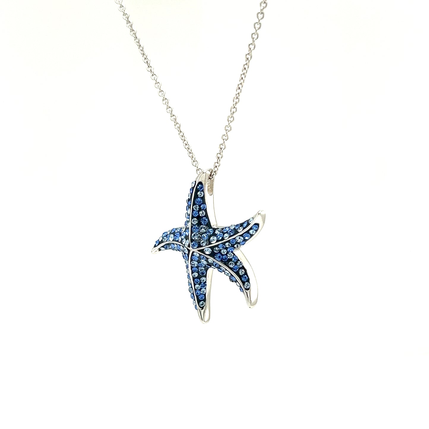 Blue Starfish Necklace with Aqua and White Crystals in Sterling Silver Right Side View