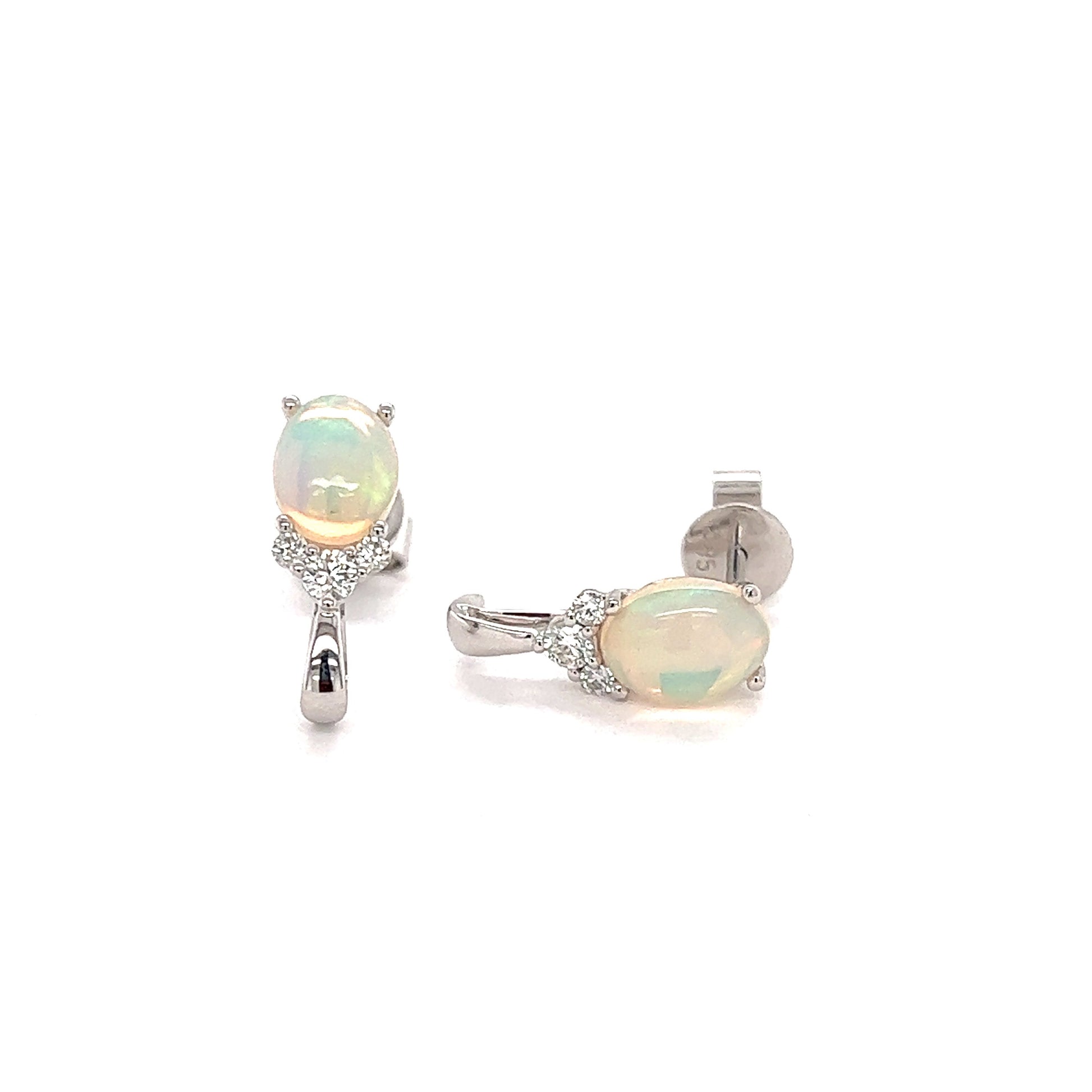 White Ethiopian Opal Stud Earrings with Accent Diamonds in 14K White Gold Front and Flat Front View