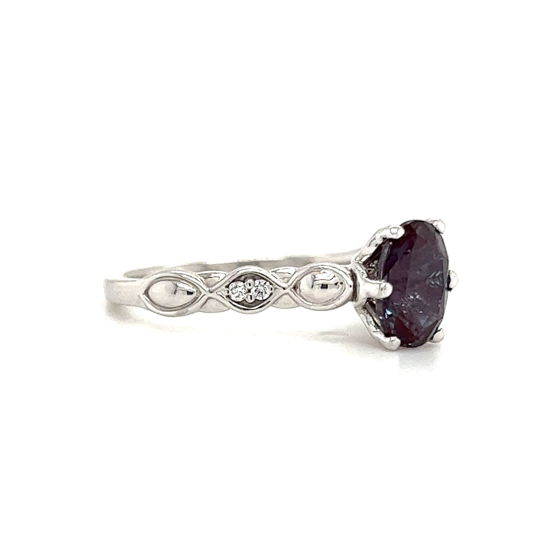 Oval Alexandrite Ring with Four Side Diamonds in 10k White Gold Left Side View